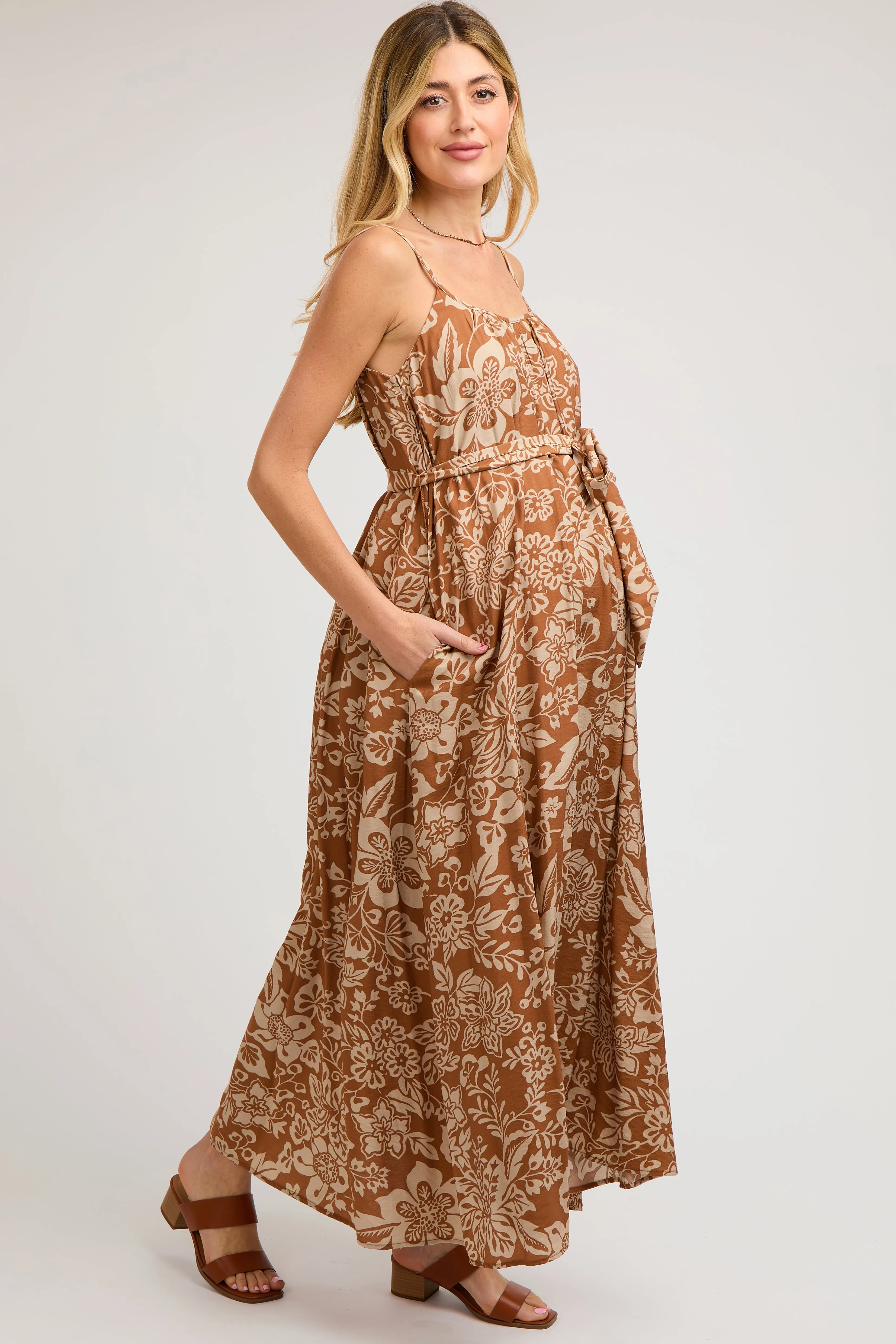 Camel Sleeveless Tie Waist Maternity Midi Dress sold by Pinkblush product image thumbnail 3