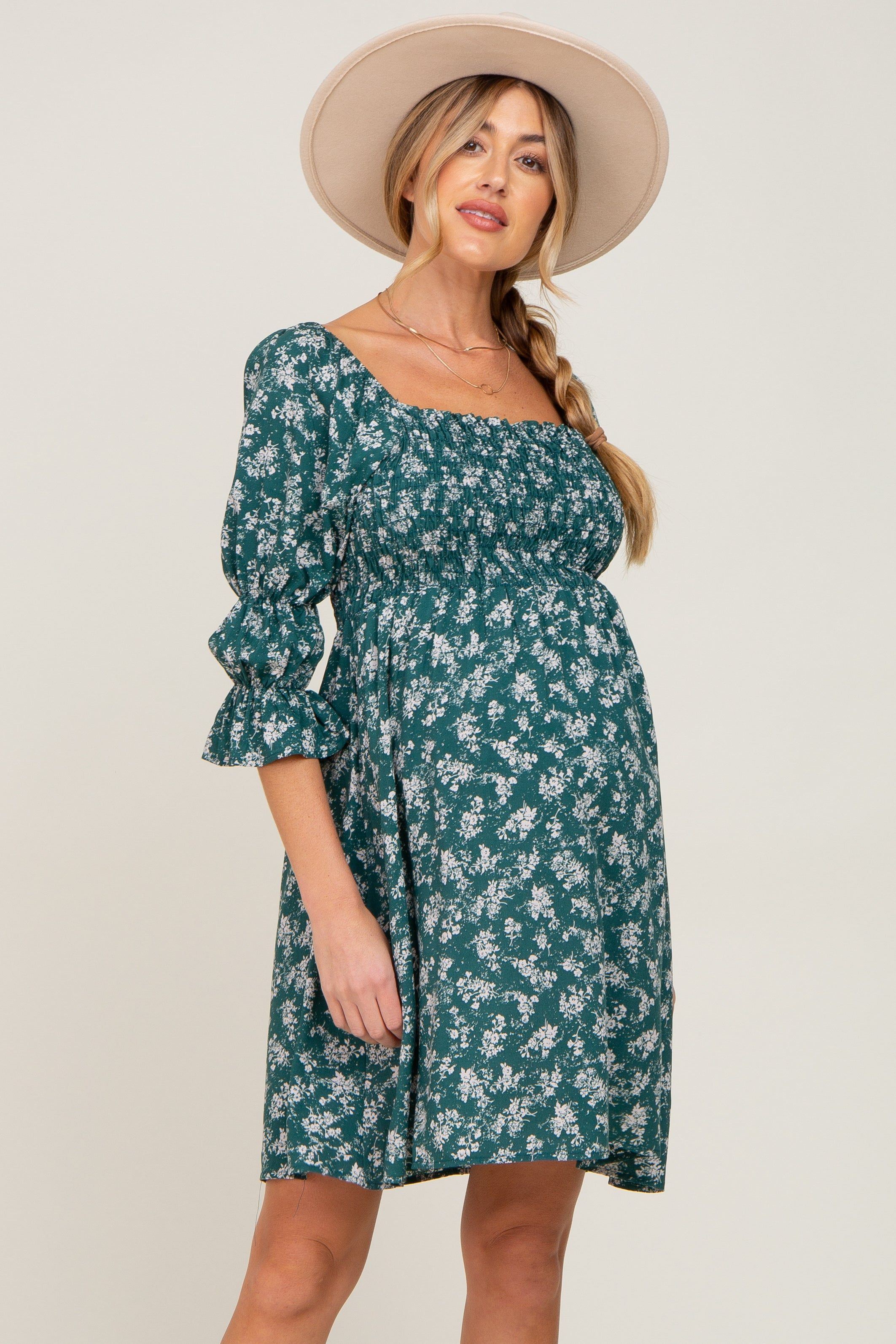 Forest Green Floral Ruffle Sleeve Smocked Maternity Dress sold by Pinkblush