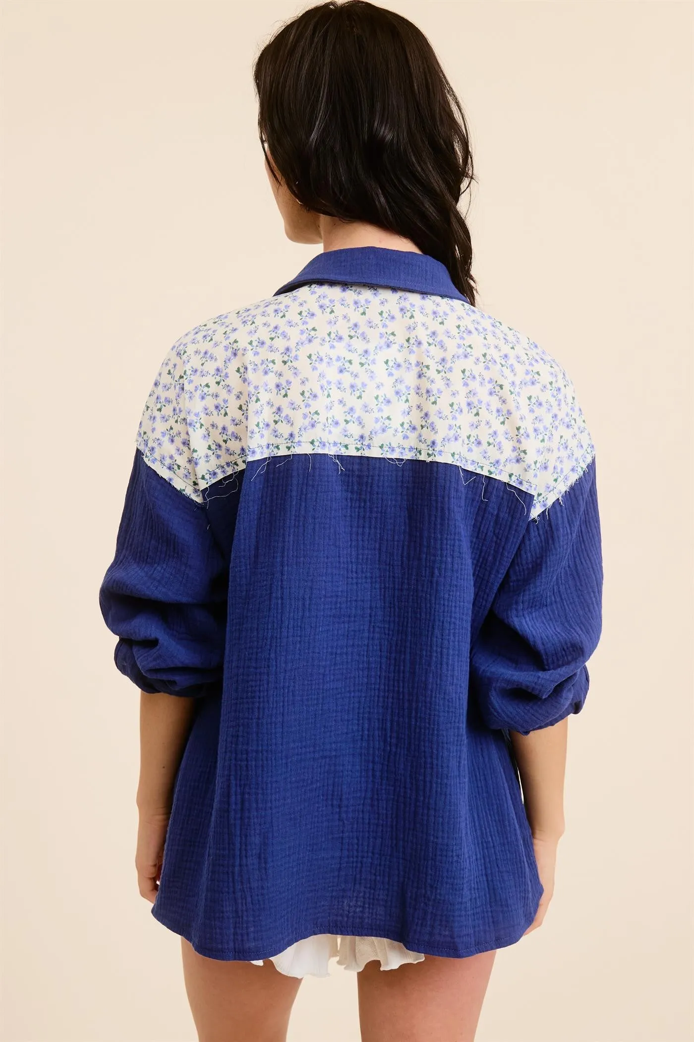 Navy Blue Colorblock Floral Button Down sold by Pinkblush product image thumbnail 4