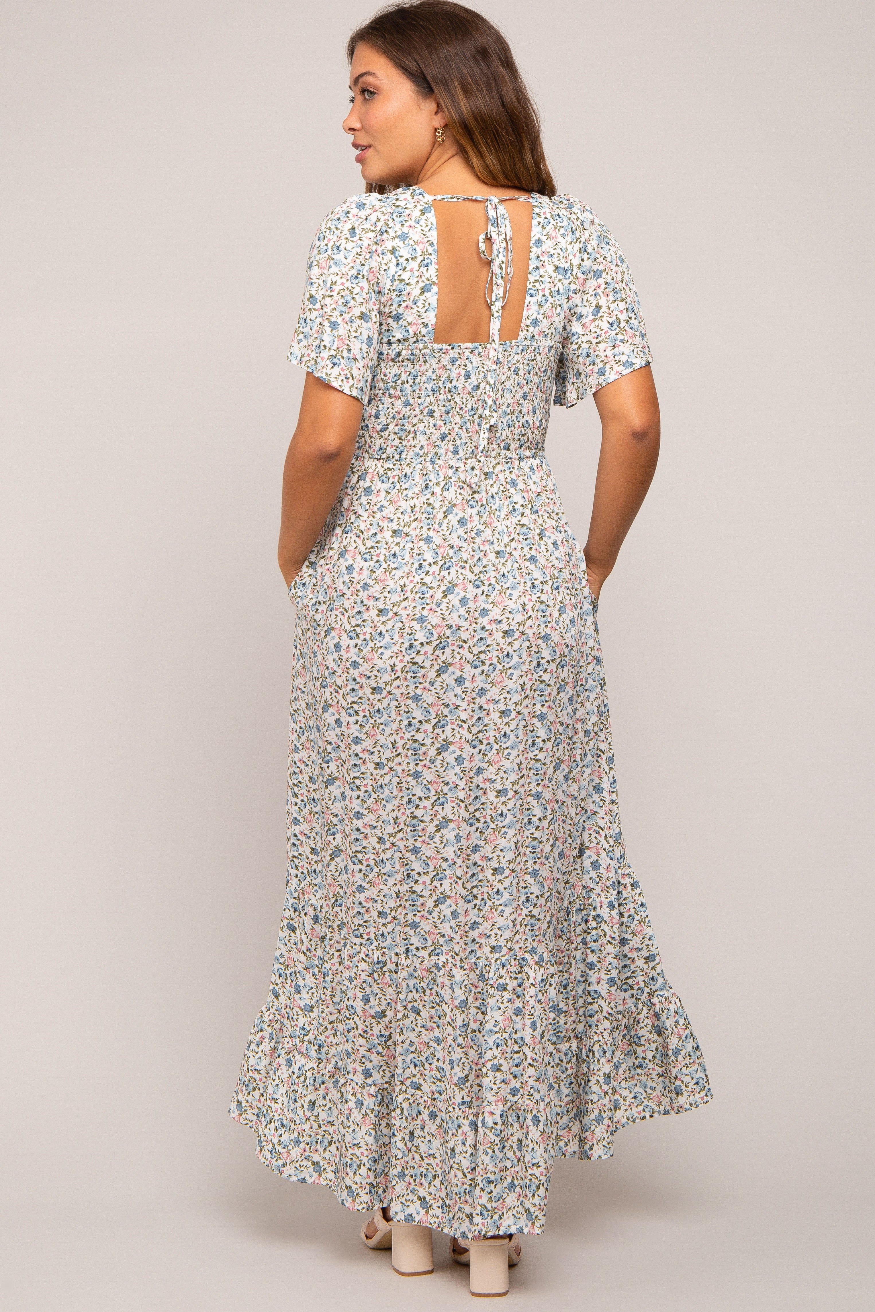 Cream Floral Button Front Square Neck Ruffle Hi-Low Maternity Midi Dress sold by Pinkblush product image thumbnail 4