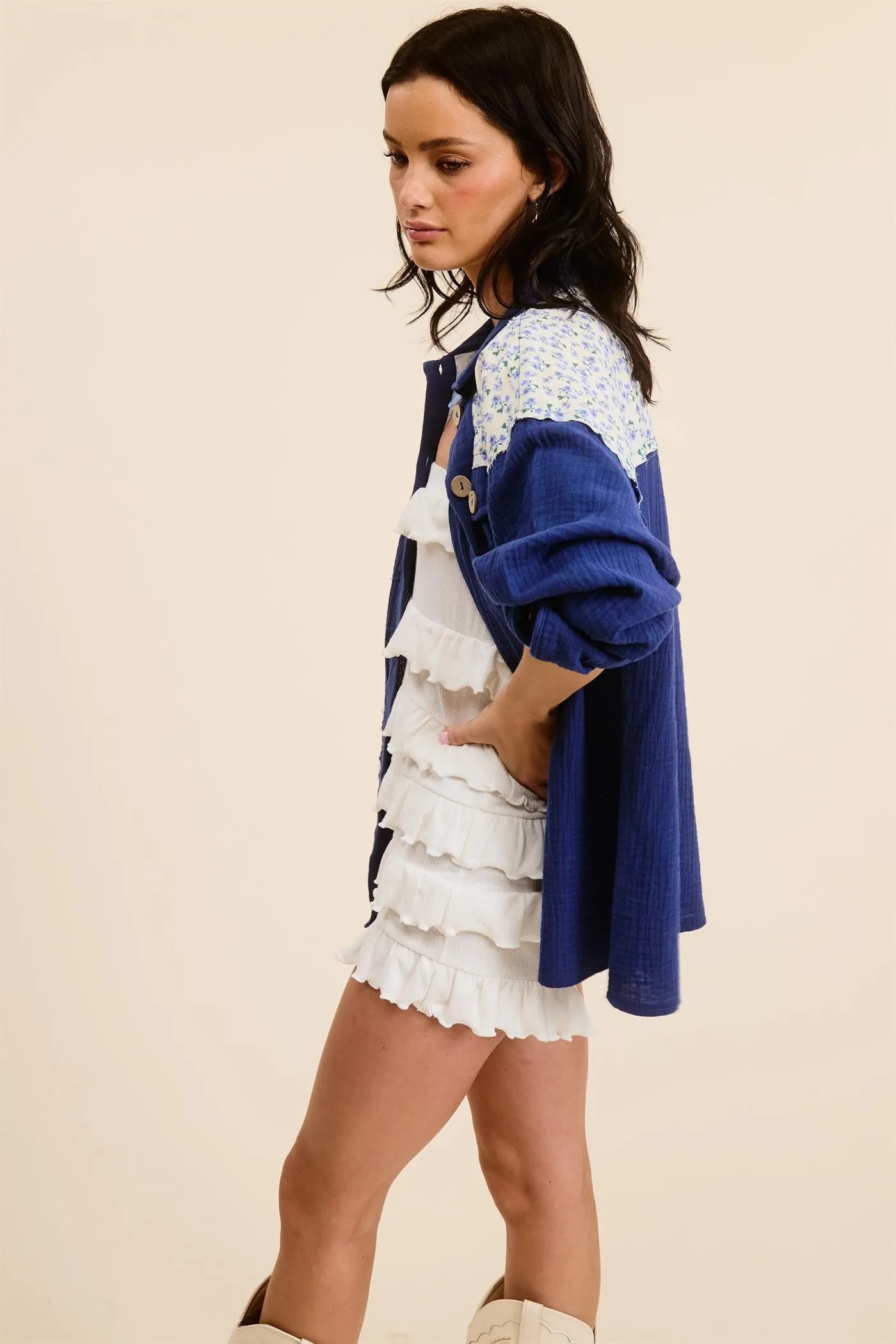 Navy Blue Colorblock Floral Button Down sold by Pinkblush product image thumbnail 2