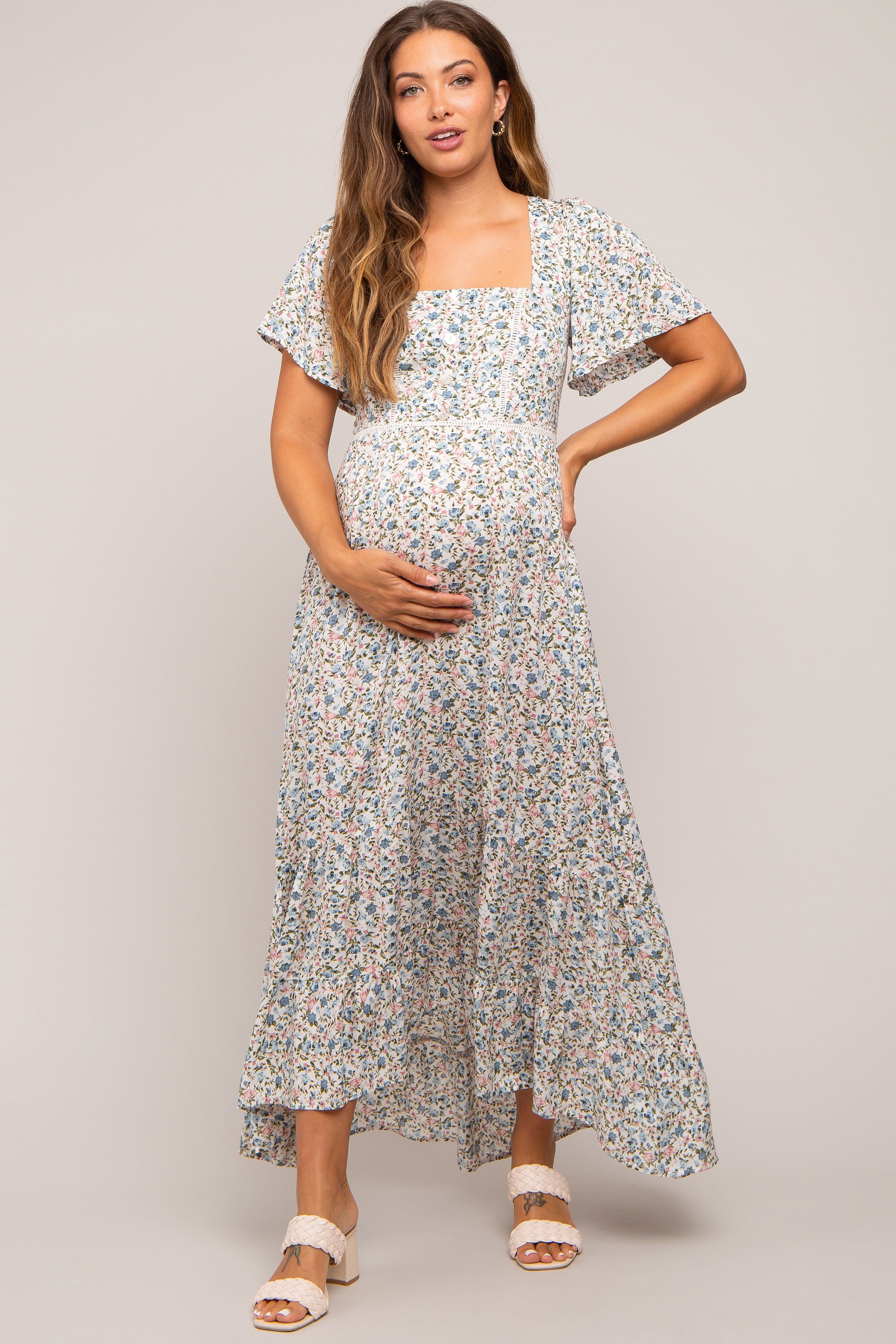 Cream Floral Button Front Square Neck Ruffle Hi-Low Maternity Midi Dress sold by Pinkblush