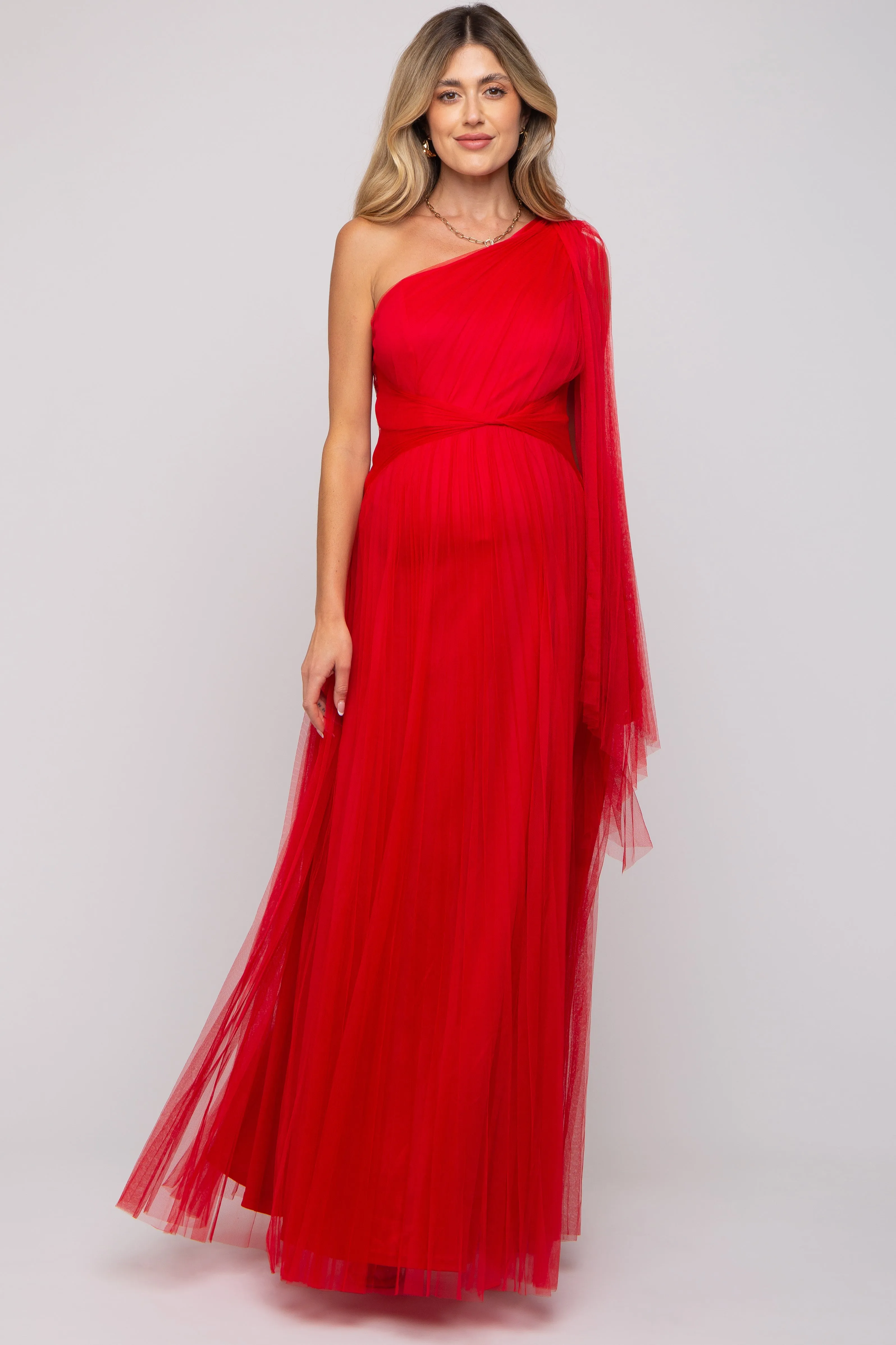 Red One Shoulder Pleated Mesh Maternity Gown sold by Pinkblush product image thumbnail 3