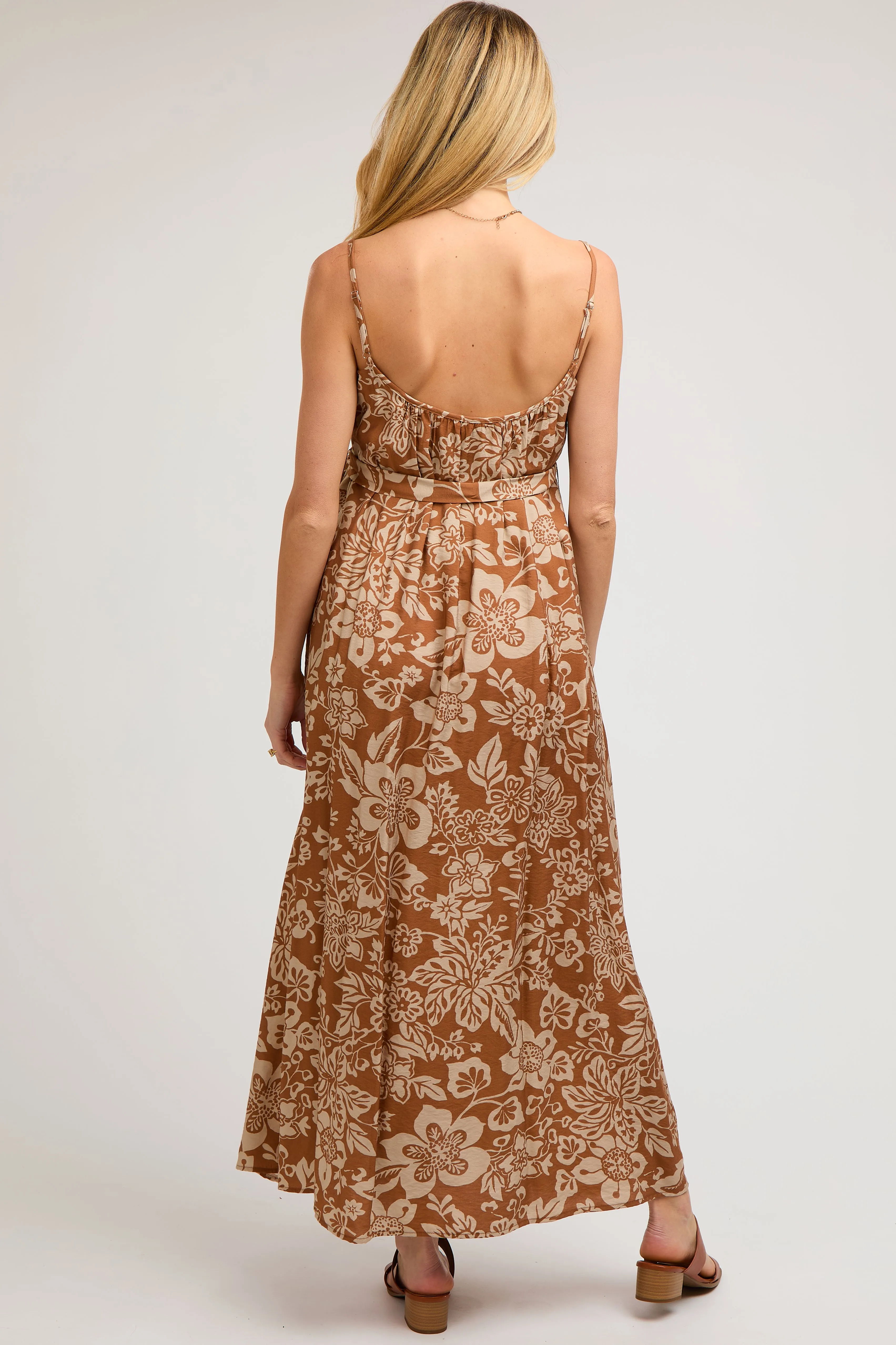 Camel Sleeveless Tie Waist Maternity Midi Dress sold by Pinkblush product image thumbnail 4