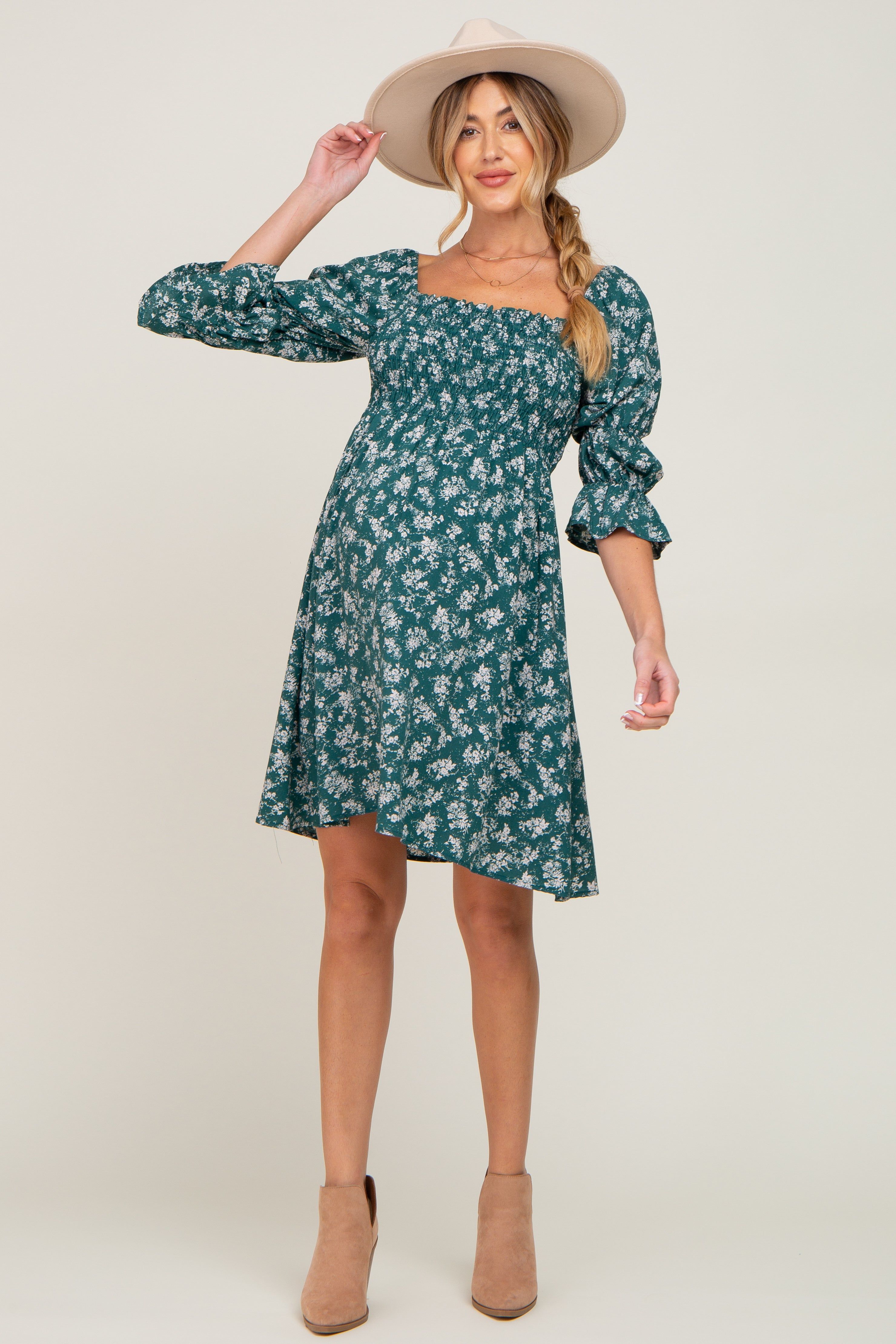 Forest Green Floral Ruffle Sleeve Smocked Maternity Dress sold by Pinkblush product image thumbnail 5