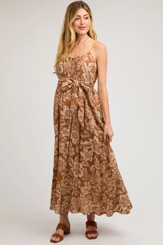 Camel Sleeveless Tie Waist Maternity Midi Dress sold by Pinkblush