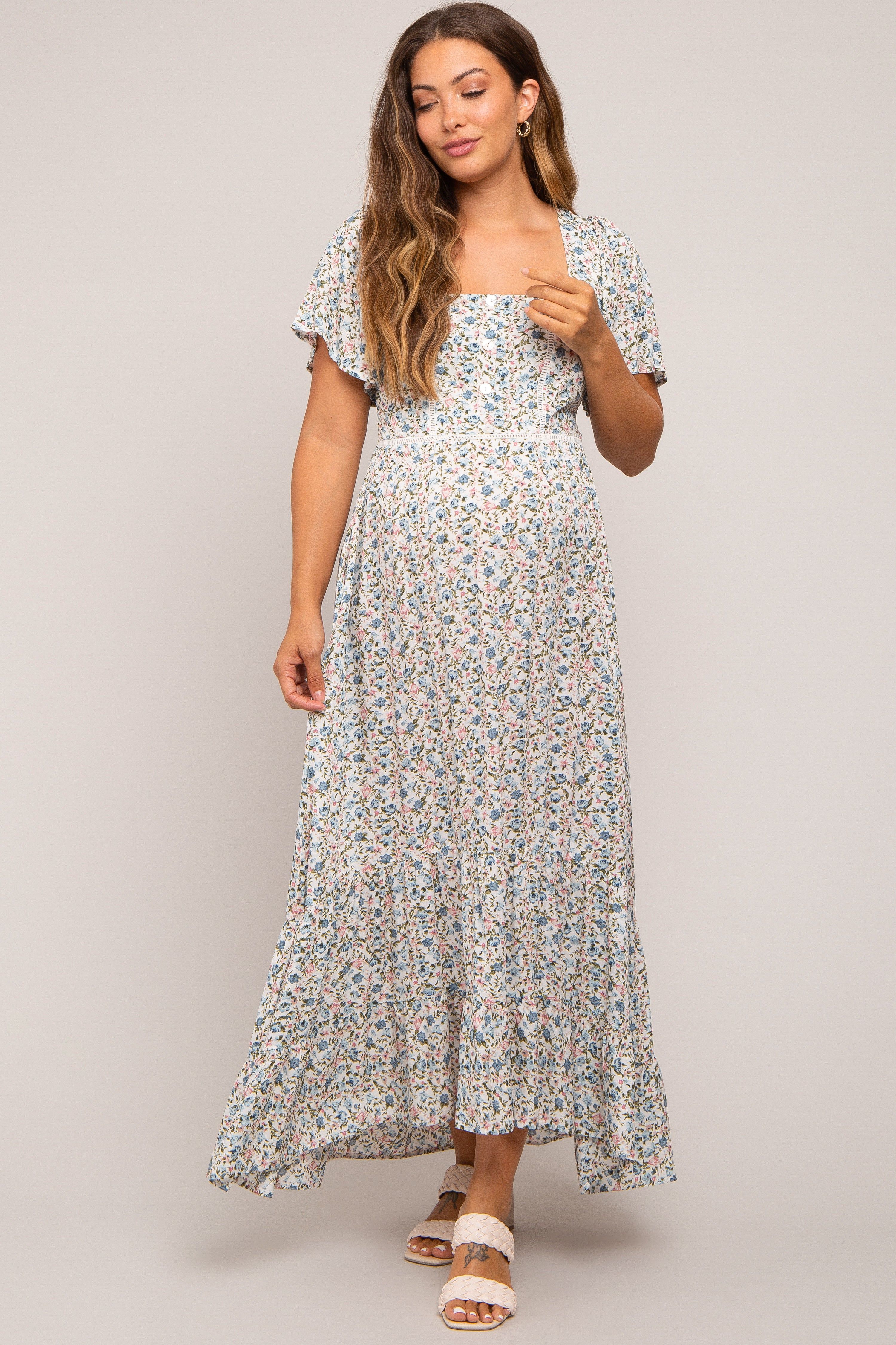 Cream Floral Button Front Square Neck Ruffle Hi-Low Maternity Midi Dress sold by Pinkblush product image thumbnail 5