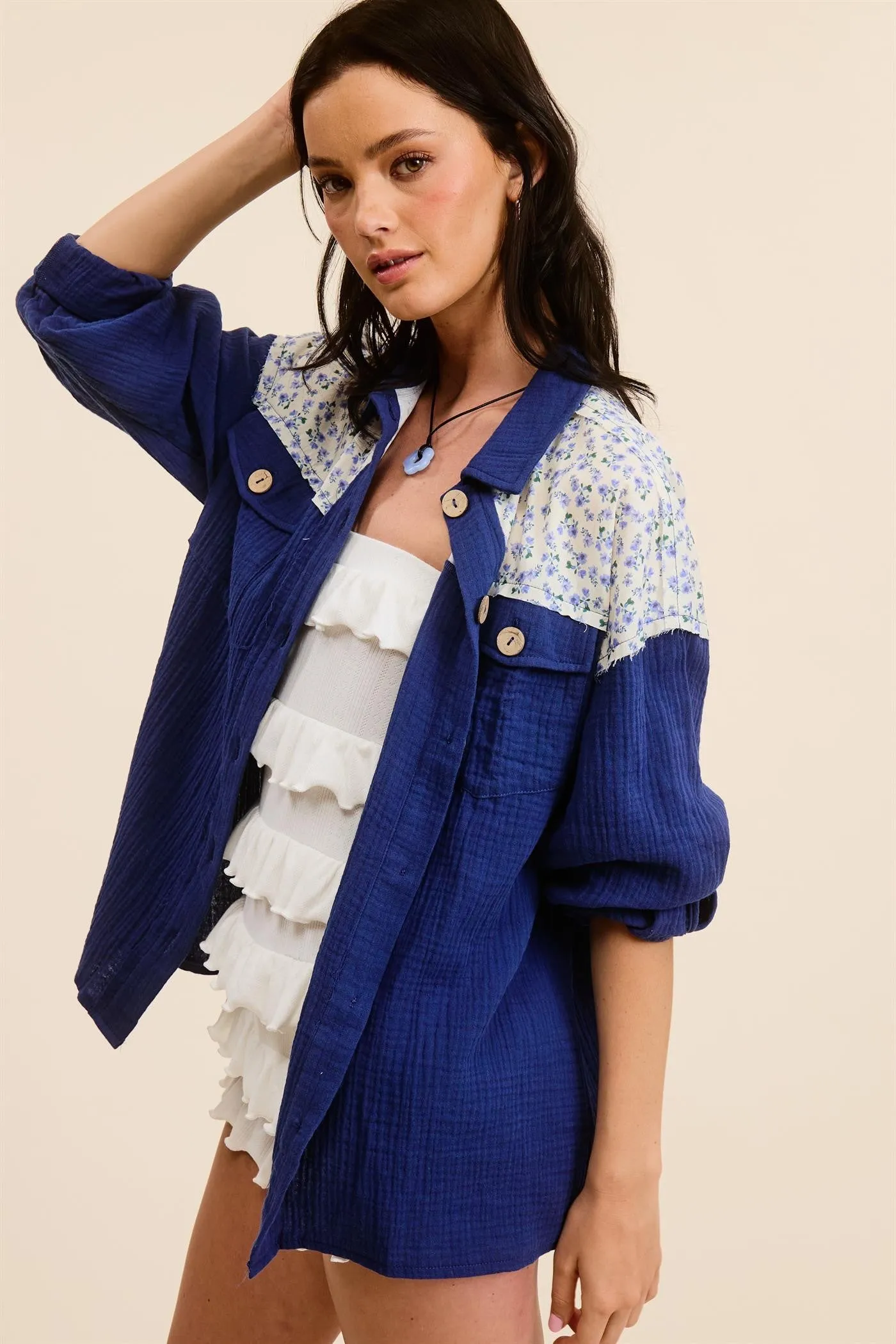 Navy Blue Colorblock Floral Button Down sold by Pinkblush product image thumbnail 3