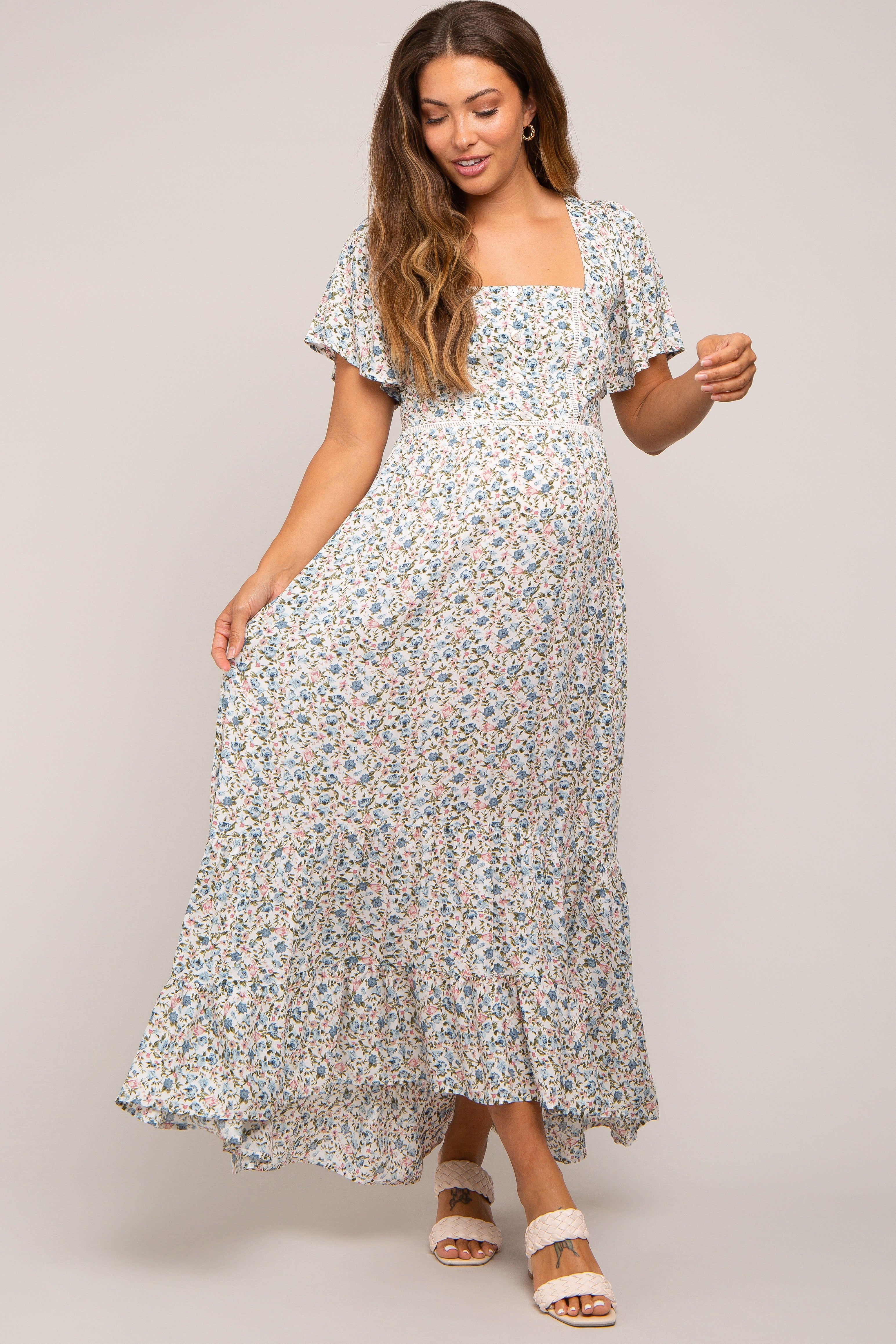 Cream Floral Button Front Square Neck Ruffle Hi-Low Maternity Midi Dress sold by Pinkblush product image thumbnail 2