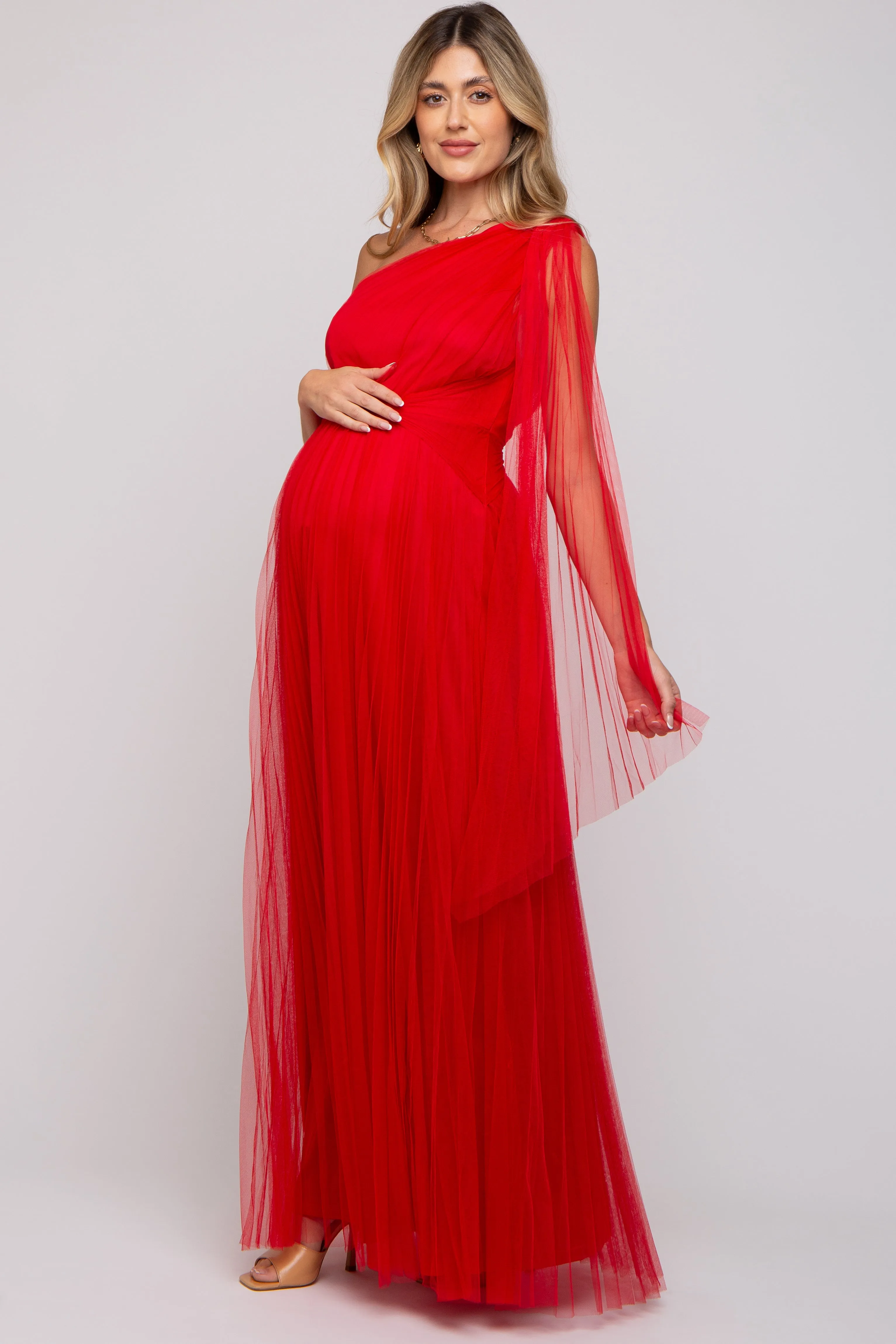 Red One Shoulder Pleated Mesh Maternity Gown sold by Pinkblush