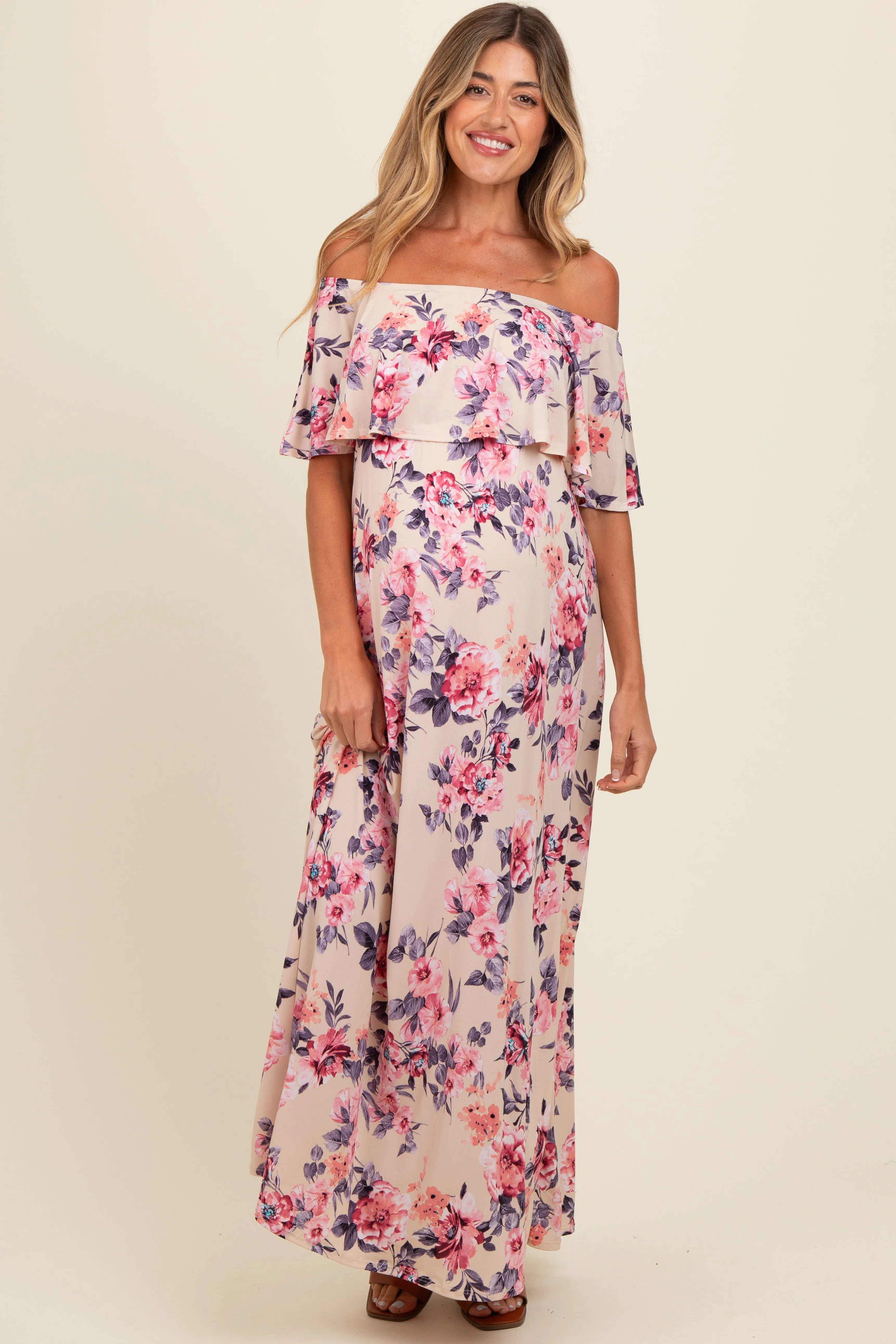 Ivory Floral Off Shoulder Maternity Maxi Dress sold by Pinkblush