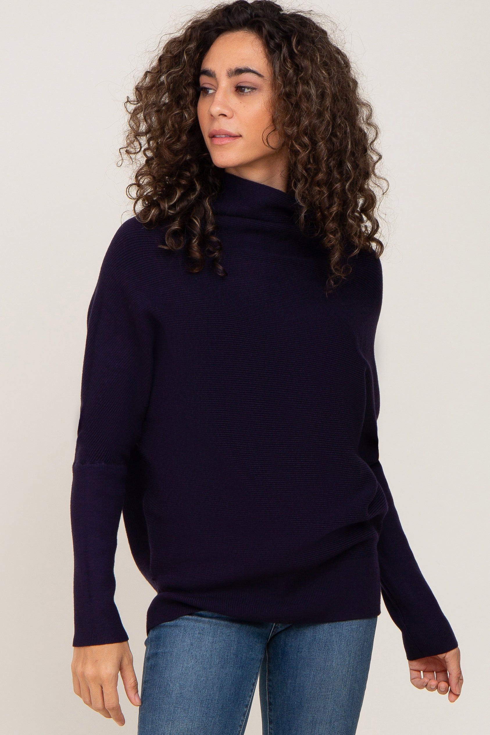Navy Funnel Neck Dolman Sleeve Sweater sold by Pinkblush