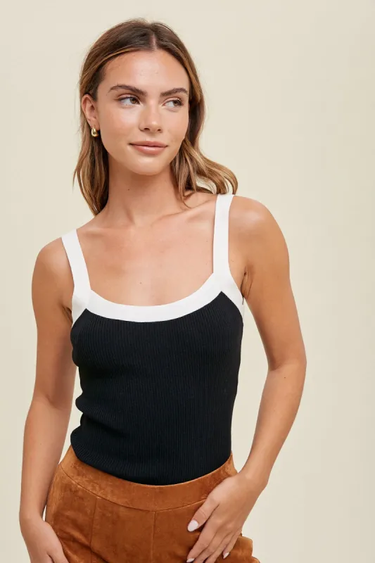 Black Ribbed Square Neck Contrast Strap Top sold by Pinkblush