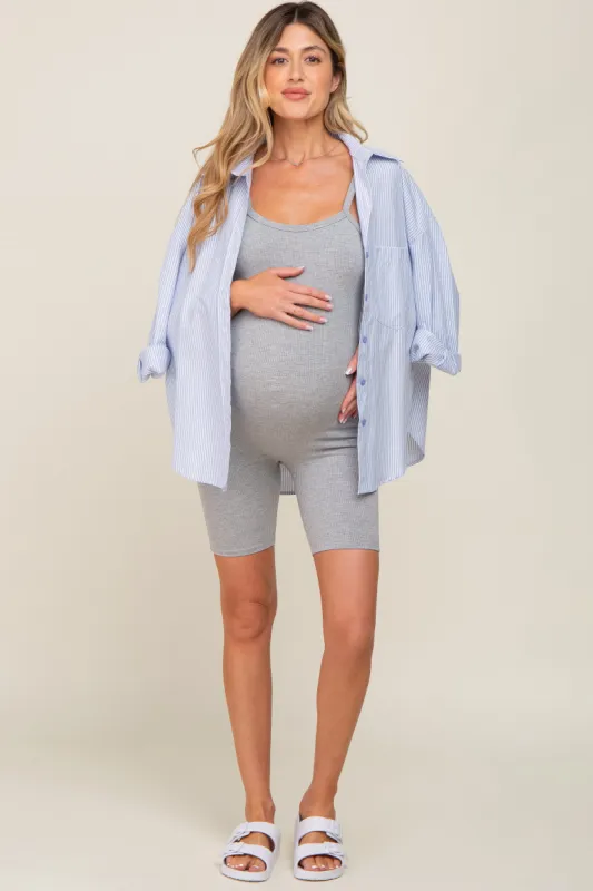 Heather Grey Rib Knit Sleeveless Maternity Romper sold by Pinkblush