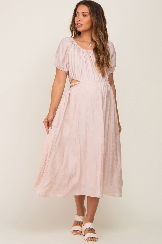 Light Pink Cutout Puff Sleeve Maternity Midi Dress sold by Pinkblush