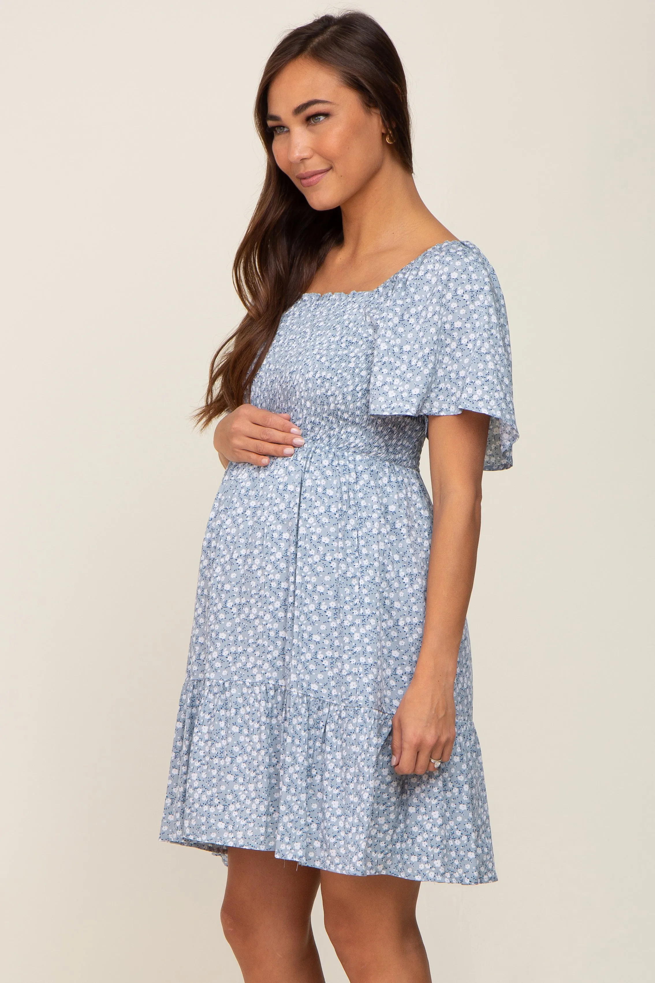 Light Blue Floral Smocked Square Neck Ruffle Hem Maternity Dress sold by Pinkblush product image thumbnail 3
