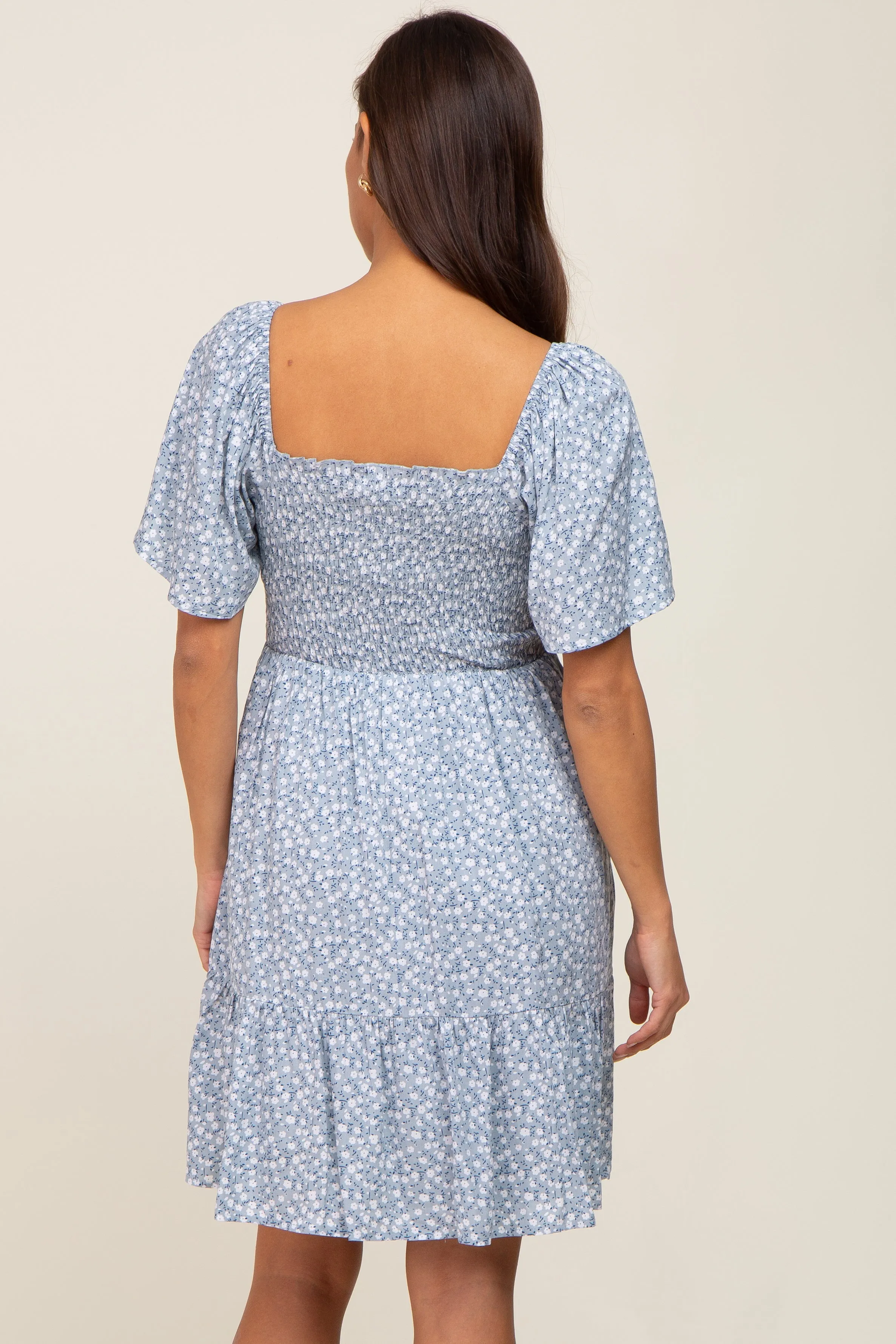 Light Blue Floral Smocked Square Neck Ruffle Hem Maternity Dress sold by Pinkblush product image thumbnail 4