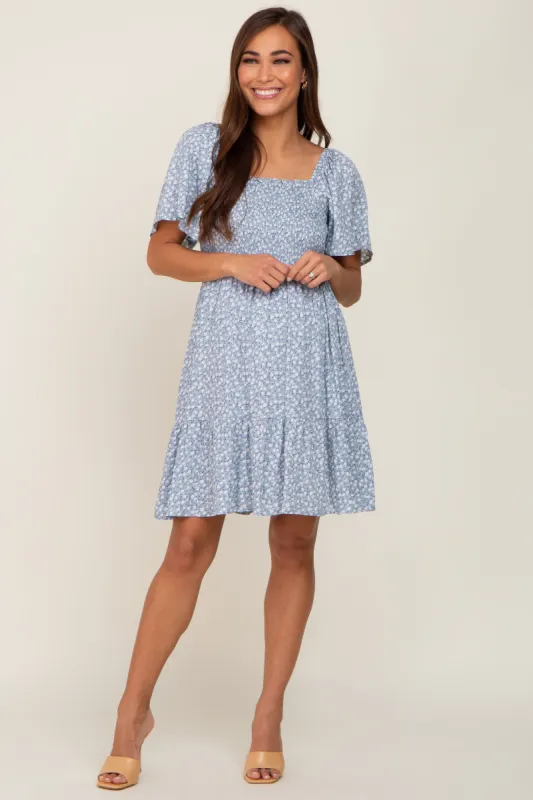 Light Blue Floral Smocked Square Neck Ruffle Hem Maternity Dress sold by Pinkblush