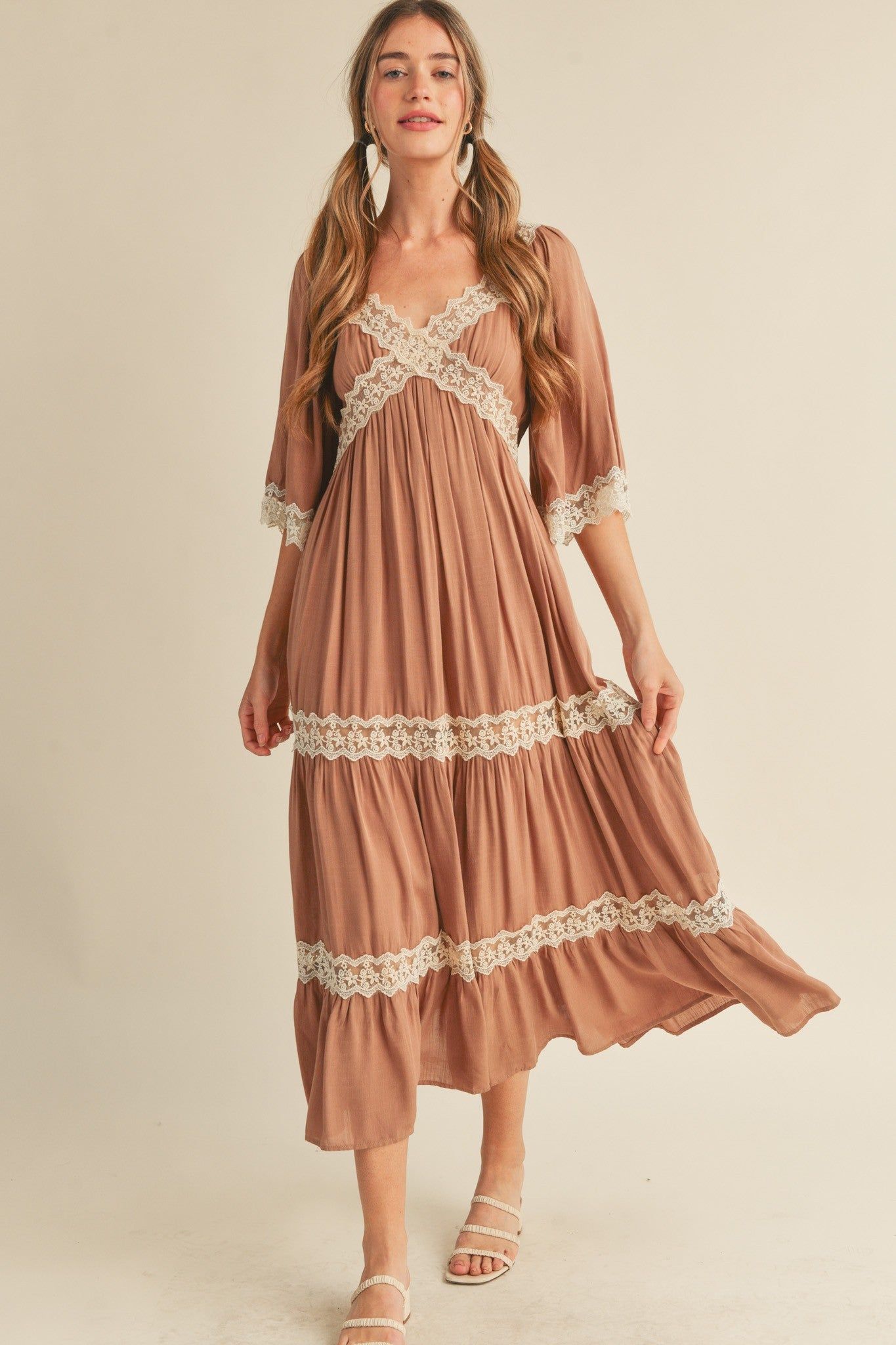 Tan Criss Cross Lace Maxi sold by Pinkblush