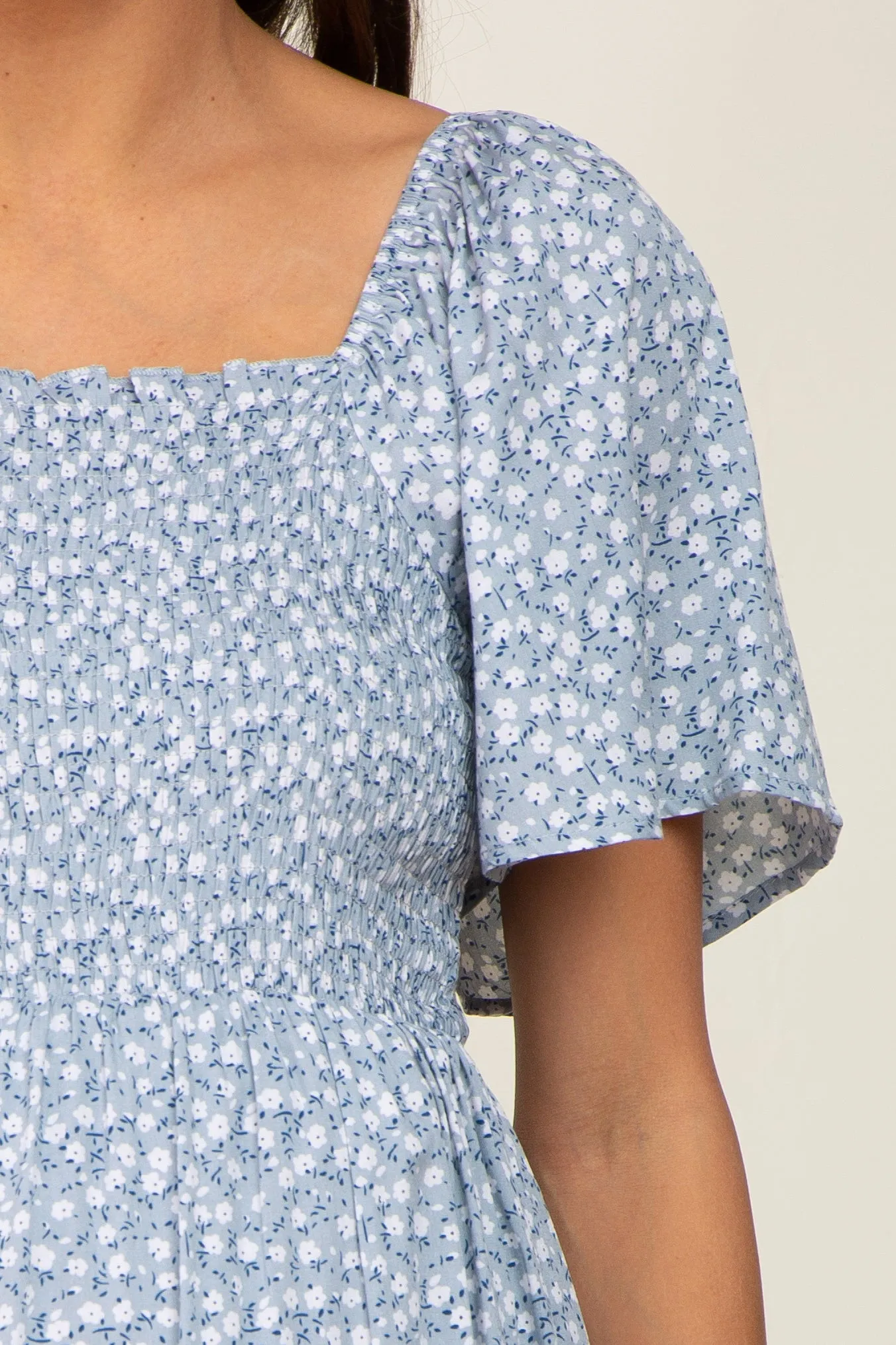 Light Blue Floral Smocked Square Neck Ruffle Hem Maternity Dress sold by Pinkblush product image thumbnail 5