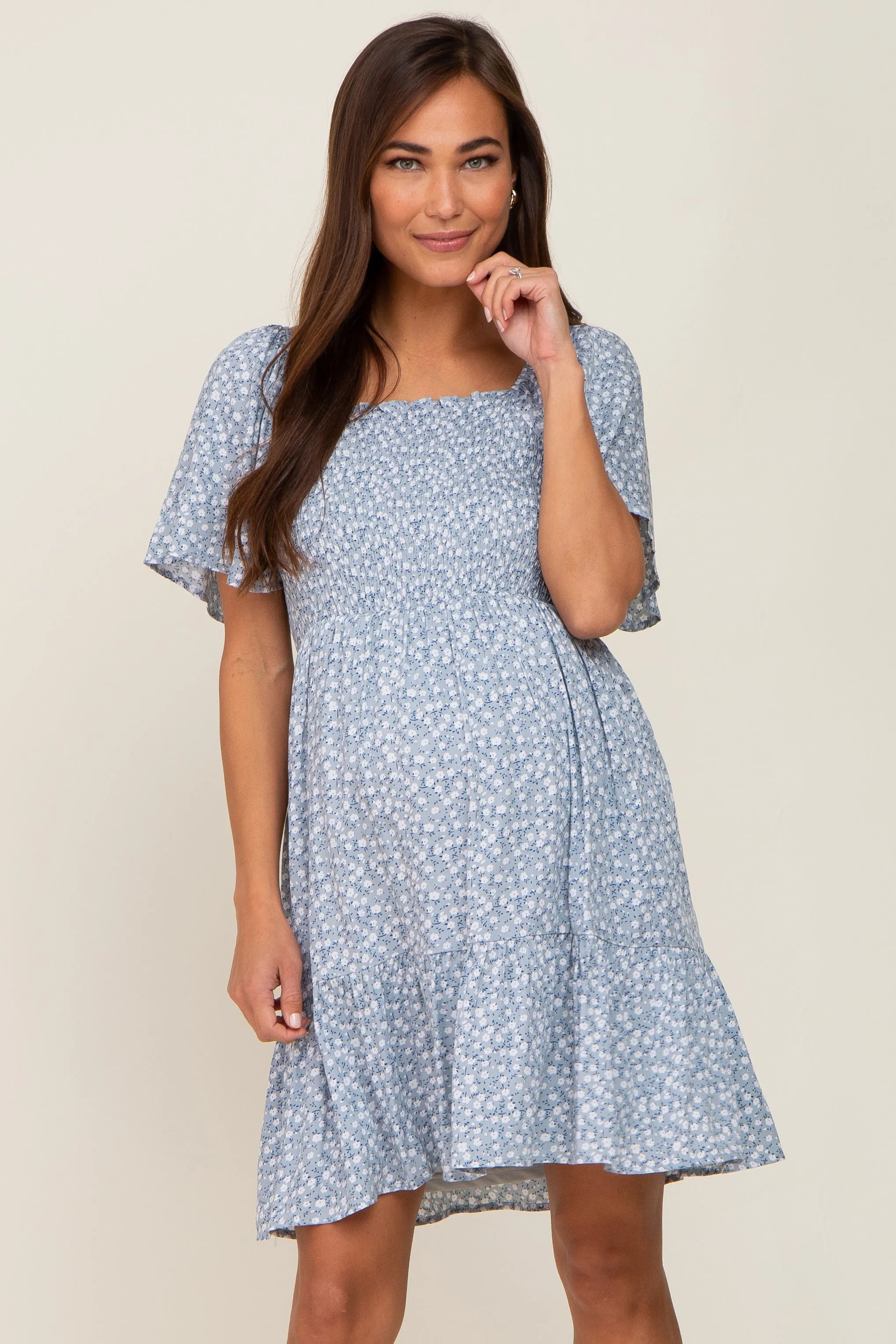 Light Blue Floral Smocked Square Neck Ruffle Hem Maternity Dress sold by Pinkblush product image thumbnail 2