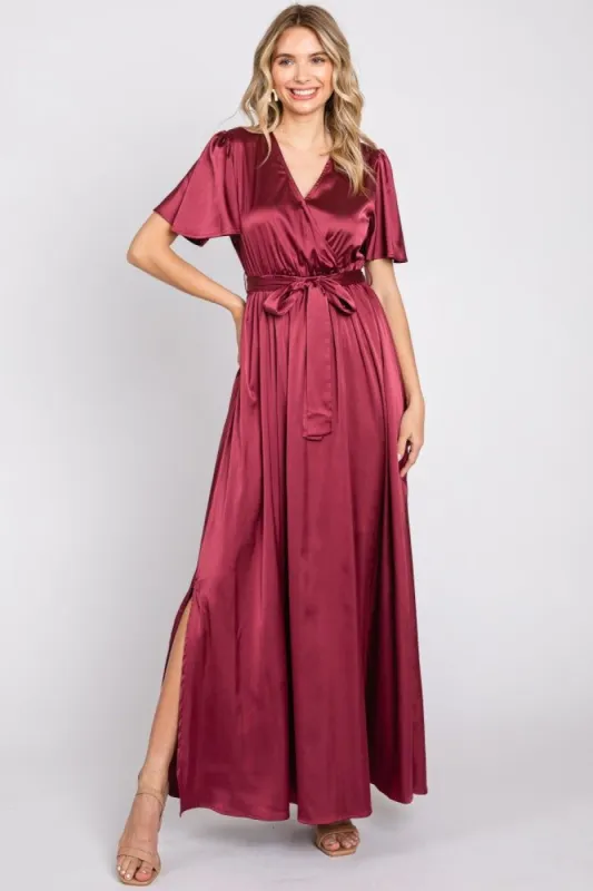 Burgundy Satin Wrap Nursing Dress sold by Pinkblush