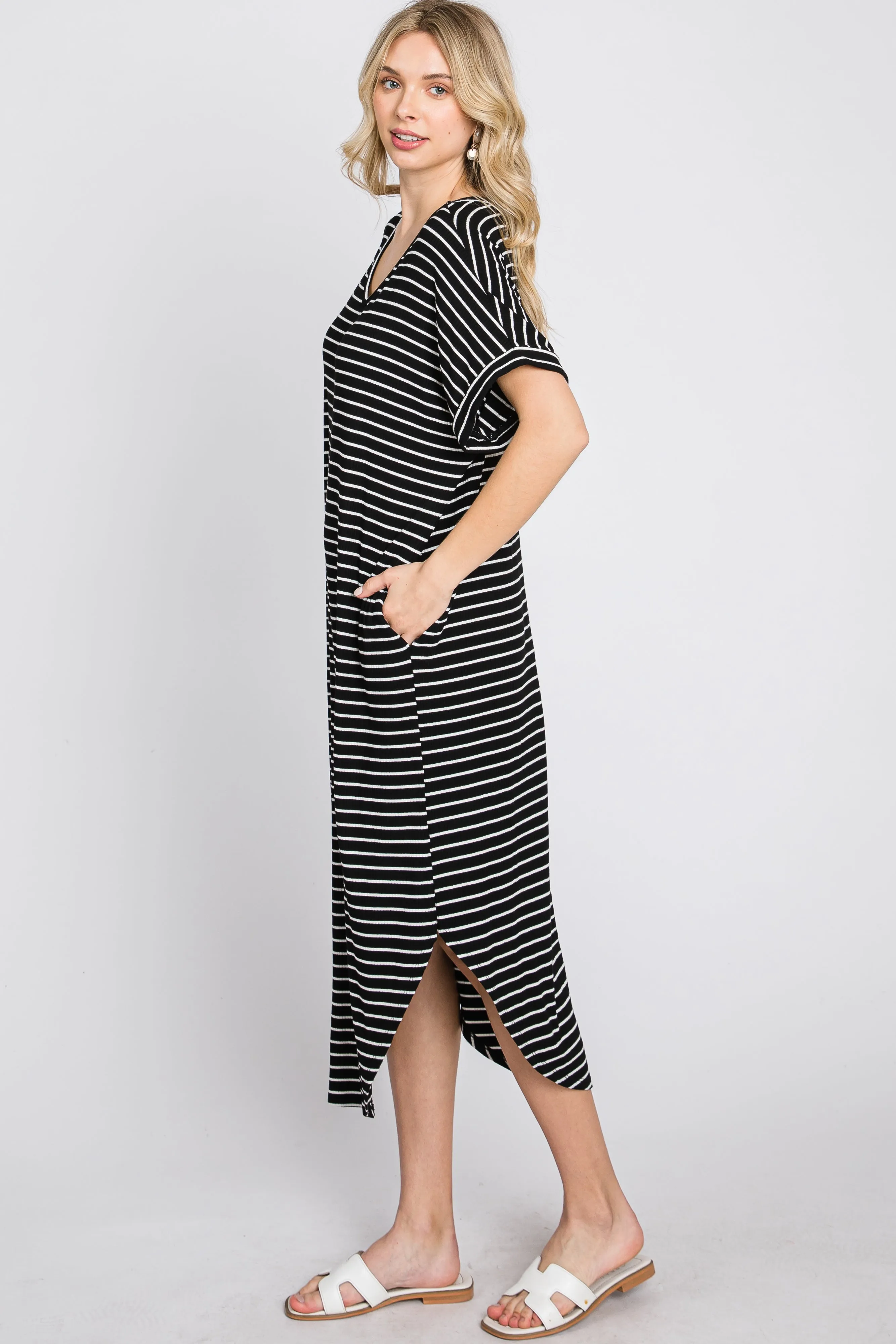 Black Striped Ribbed Curved Hem Midi Dress sold by Pinkblush product image thumbnail 5