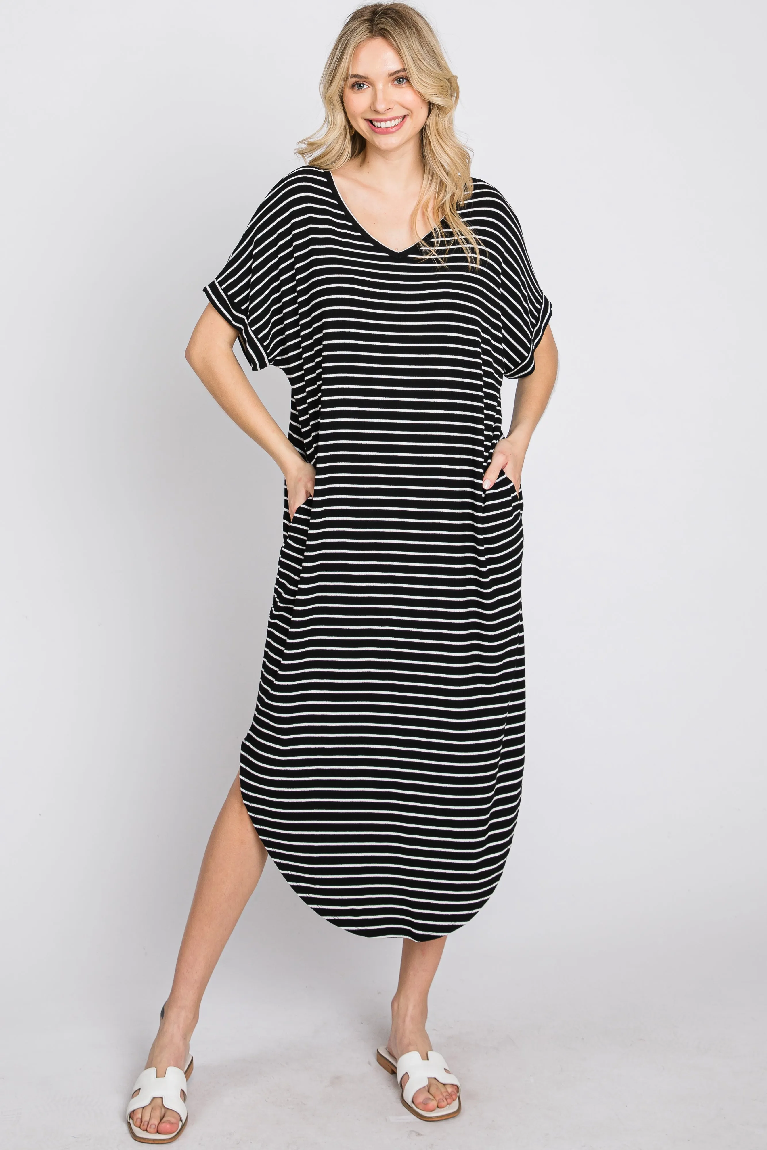 Black Striped Ribbed Curved Hem Midi Dress sold by Pinkblush product image thumbnail 2