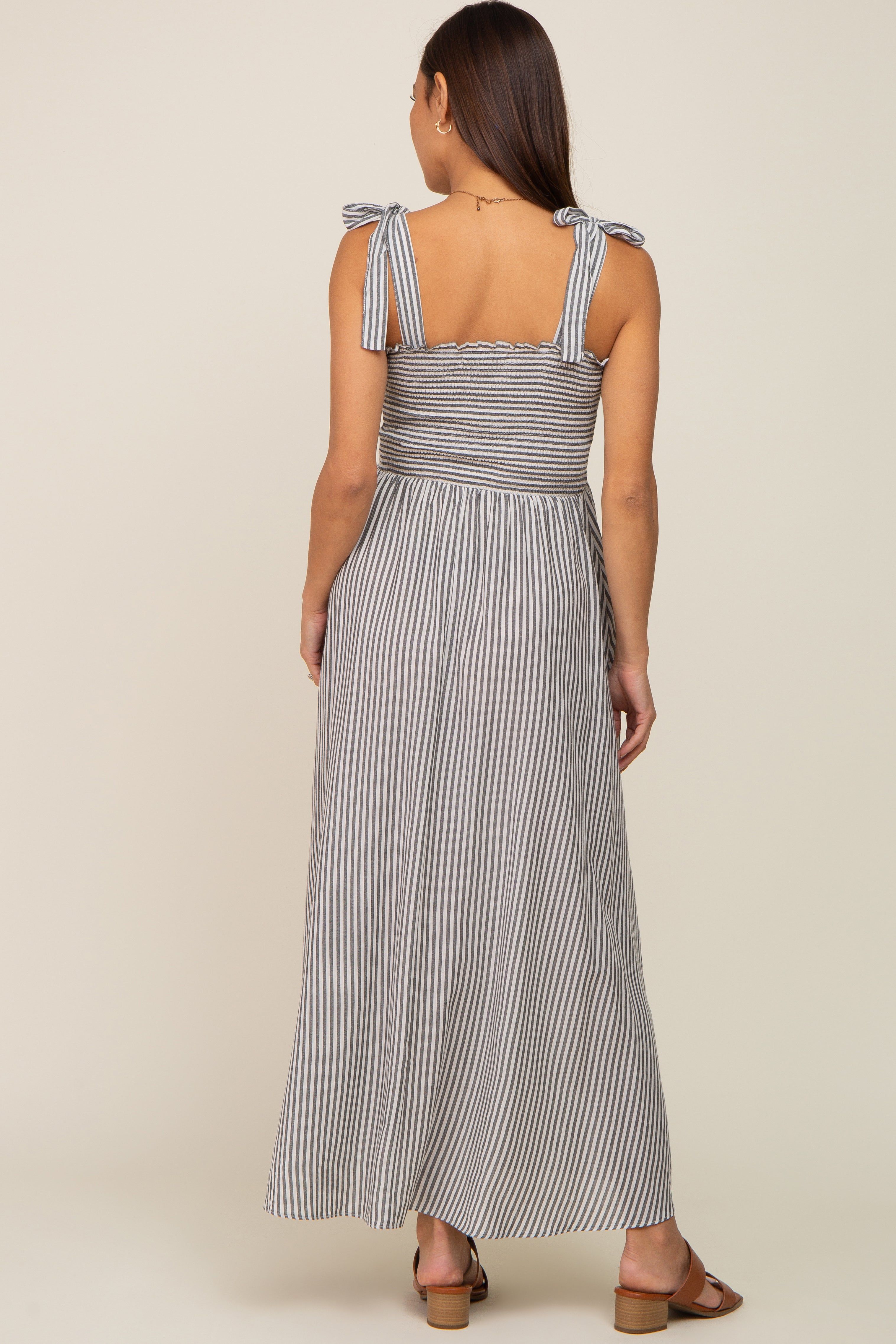 Black Striped Smocked Shoulder Tie Maternity Maxi Dress sold by Pinkblush product image thumbnail 4