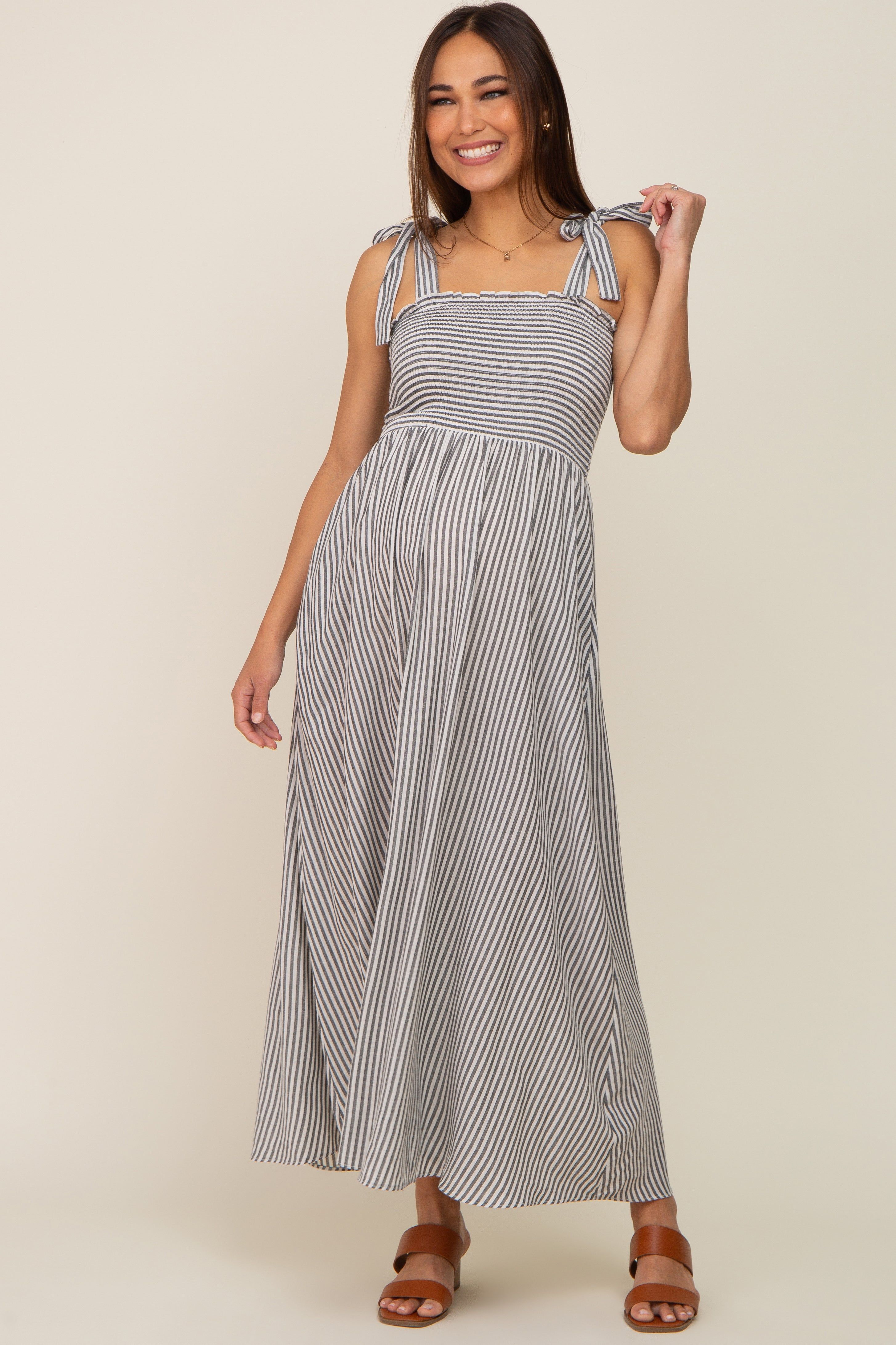 Black Striped Smocked Shoulder Tie Maternity Maxi Dress sold by Pinkblush