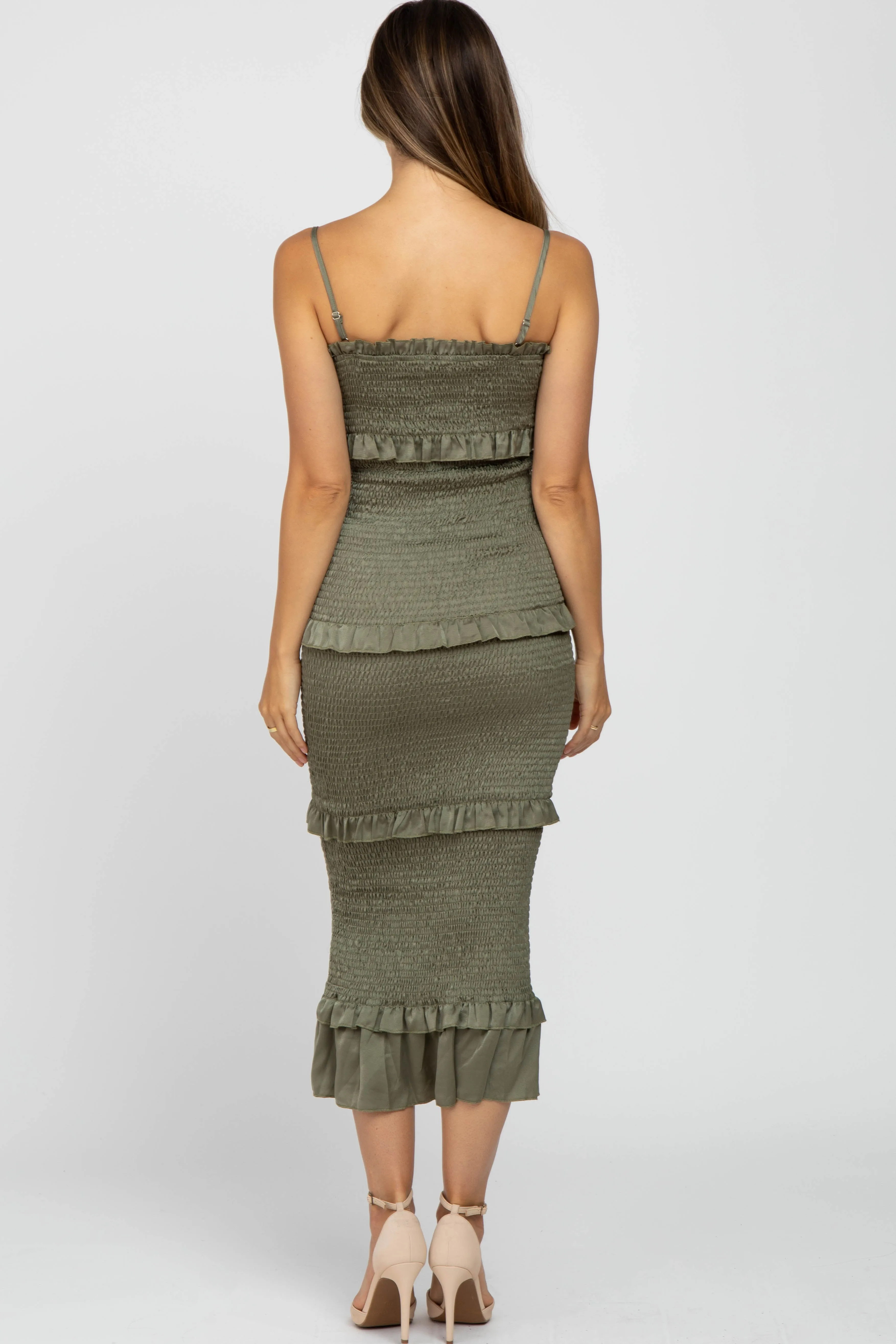 Olive Satin Smocked Fitted Maternity Midi Dress sold by Pinkblush product image thumbnail 3