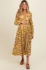 Gold Abstract Floral Gathered Front Maternity Midi Dress sold by Pinkblush