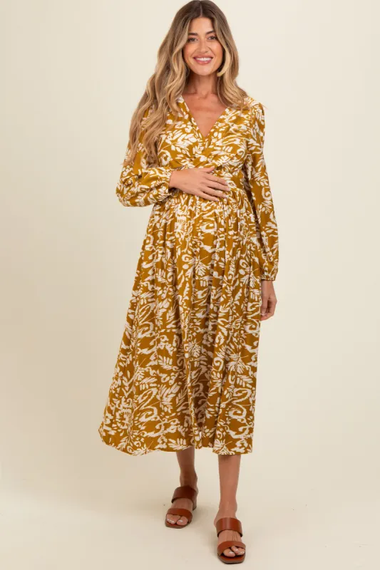 Gold Abstract Floral Gathered Front Maternity Midi Dress sold by Pinkblush