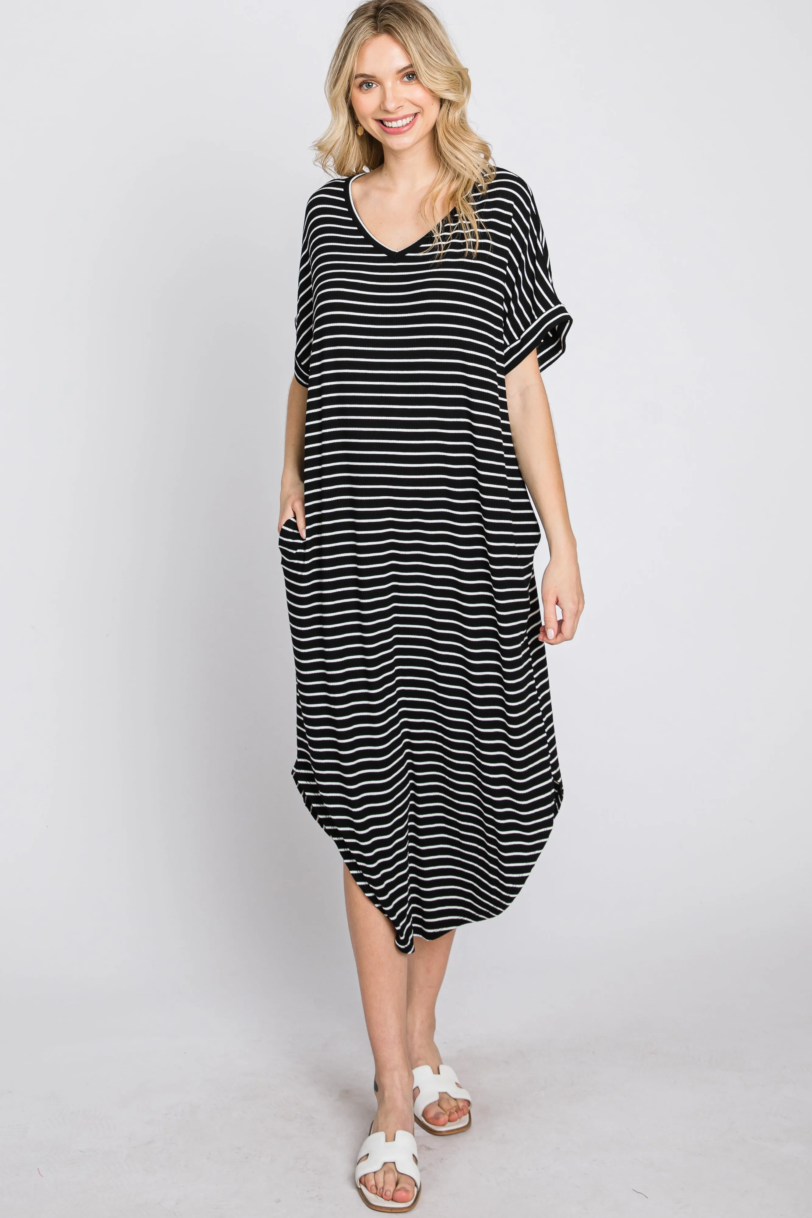 Black Striped Ribbed Curved Hem Midi Dress sold by Pinkblush product image thumbnail 3