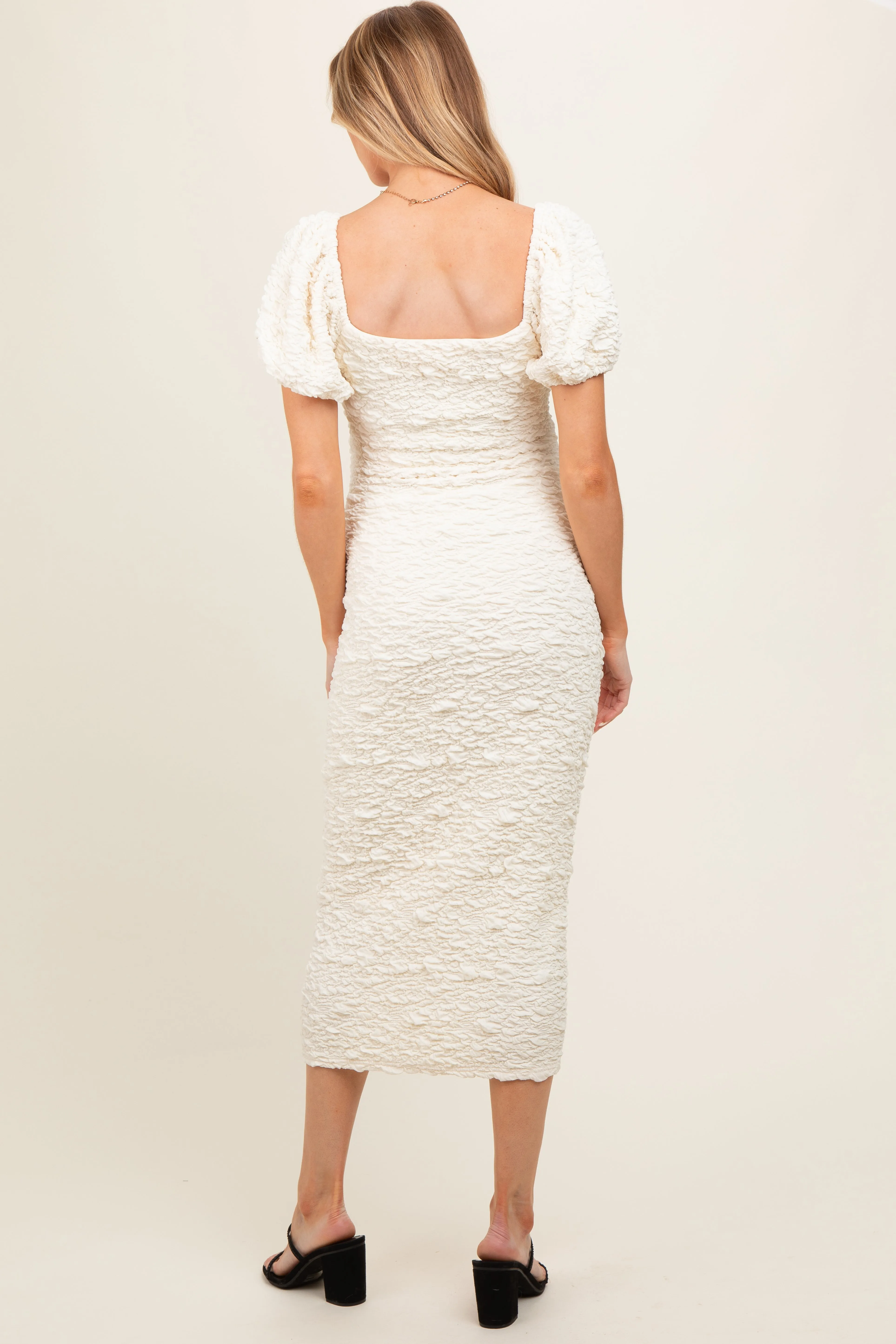 Ivory Textured Square Neck Puff Sleeve Maternity Midi Dress sold by Pinkblush product image thumbnail 3