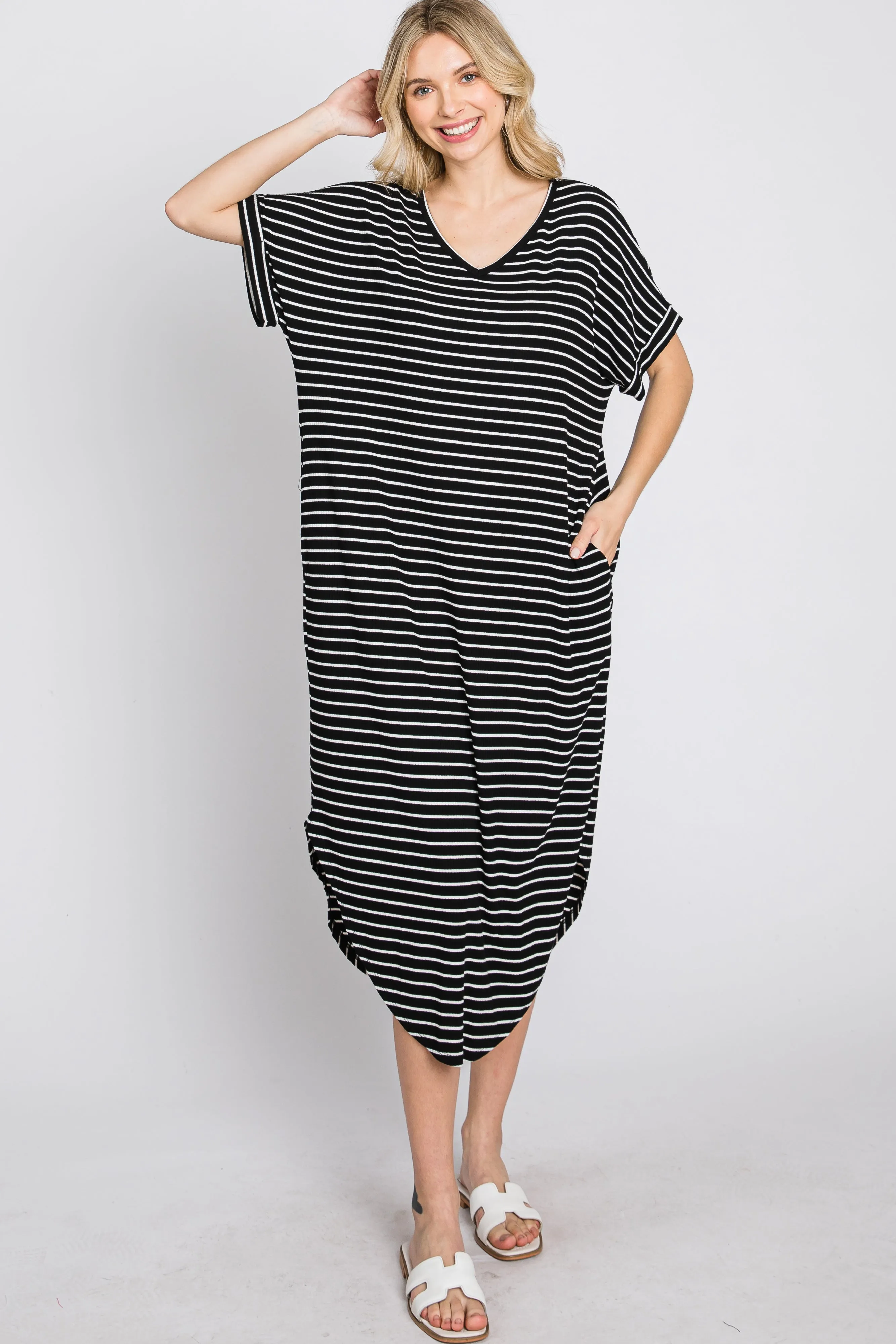 Black Striped Ribbed Curved Hem Midi Dress sold by Pinkblush product image thumbnail 4