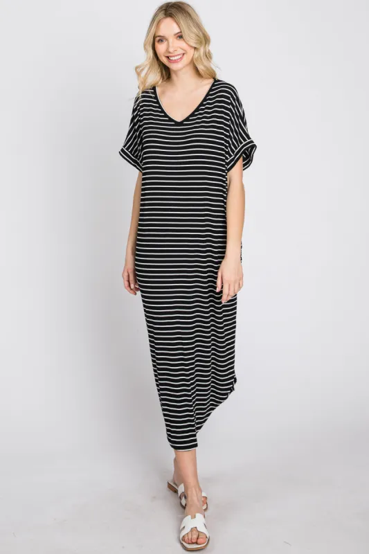 Black Striped Ribbed Curved Hem Midi Dress sold by Pinkblush
