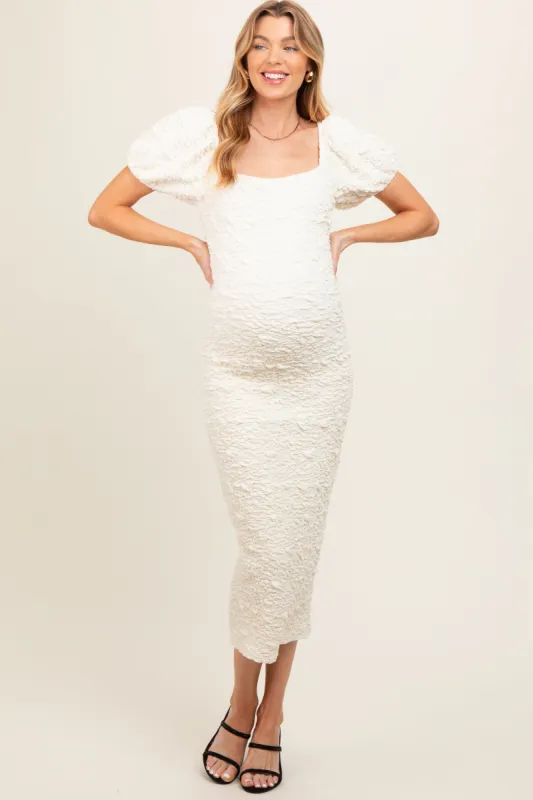 Ivory Textured Square Neck Puff Sleeve Maternity Midi Dress sold by Pinkblush