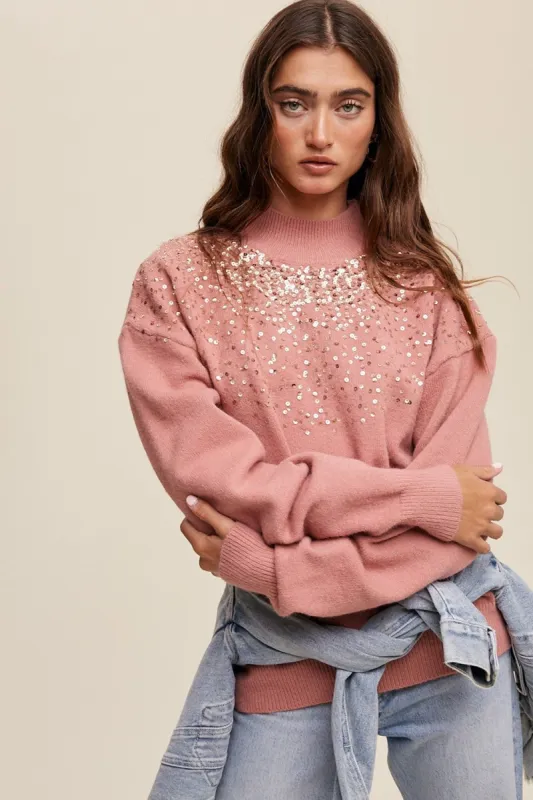 Mauve Sequin Knit Mock Neck Sweater sold by Pinkblush