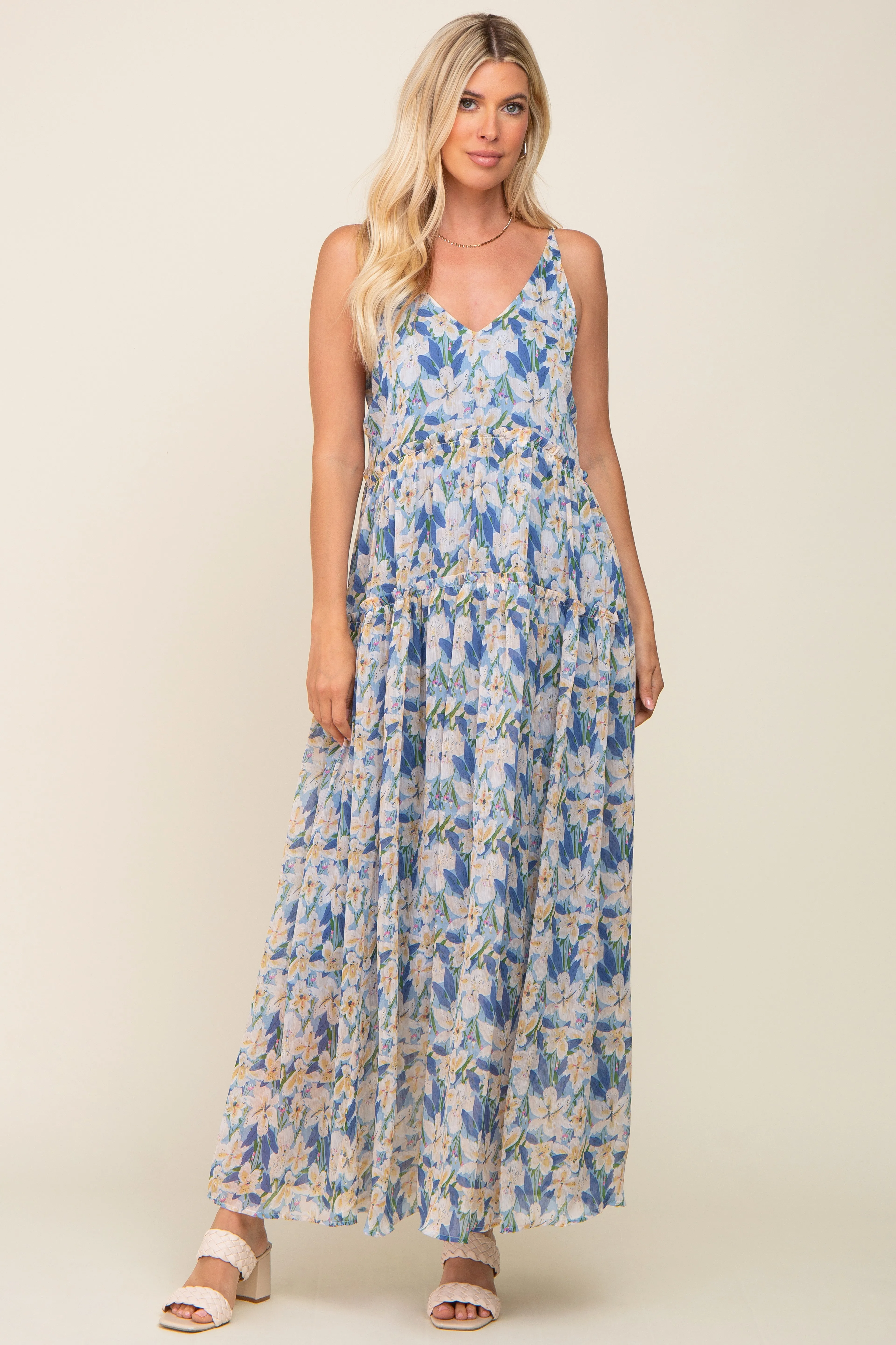 Blue Floral Chiffon Sleeveless Maxi Dress sold by Pinkblush product image thumbnail 5