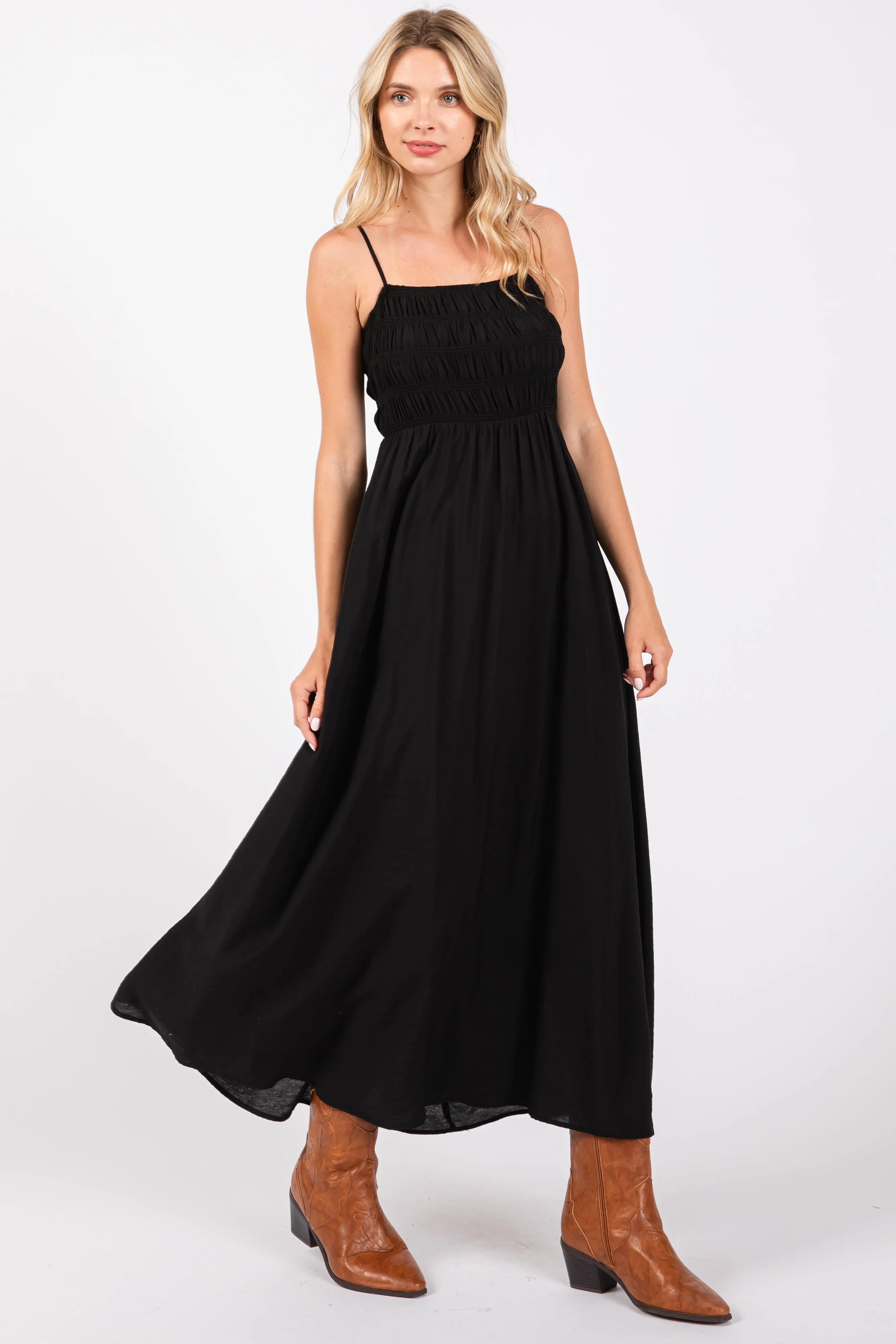 Black Smocked Cutout Lace Up Back Maxi Dress sold by Pinkblush product image thumbnail 2