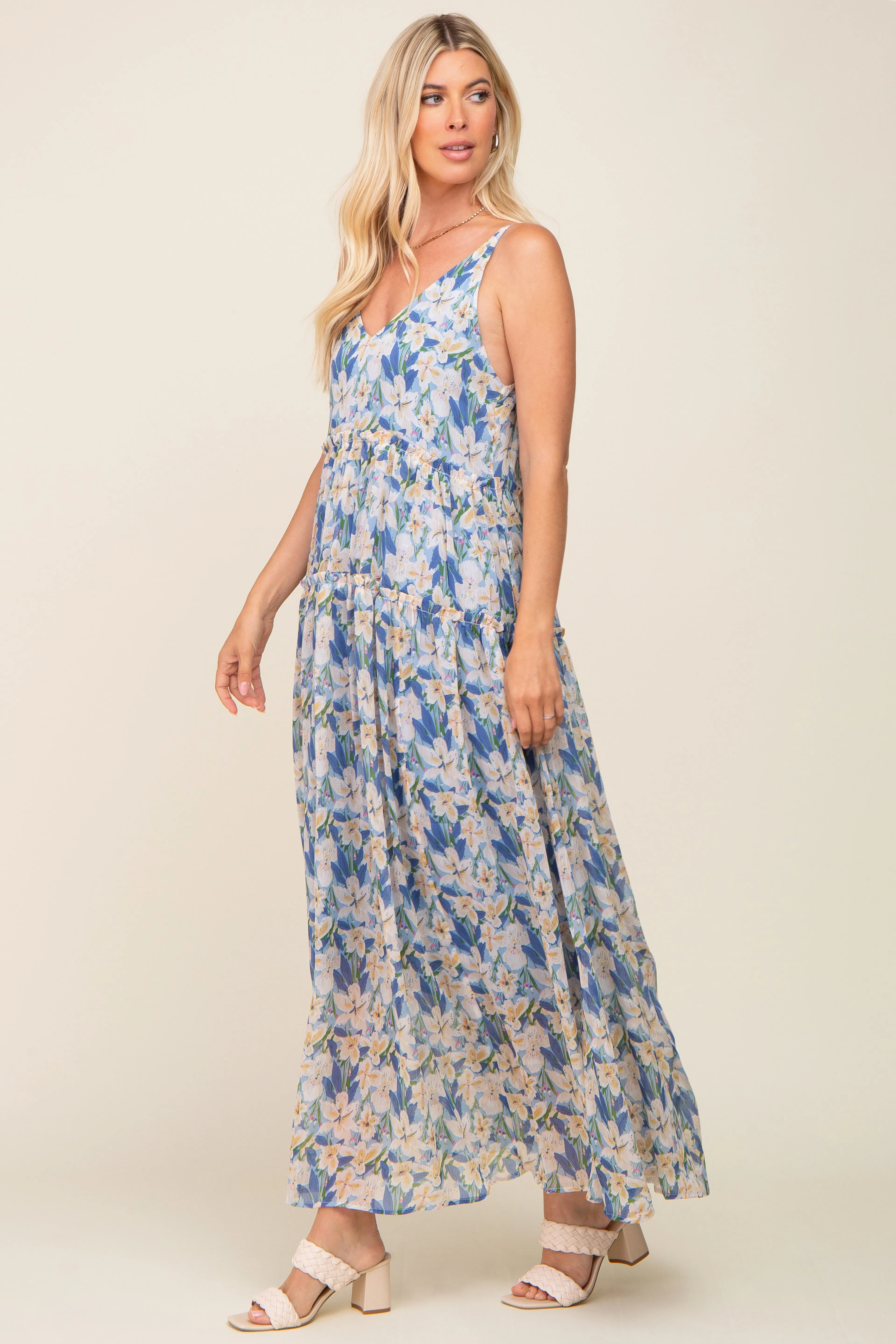 Blue Floral Chiffon Sleeveless Maxi Dress sold by Pinkblush product image thumbnail 2