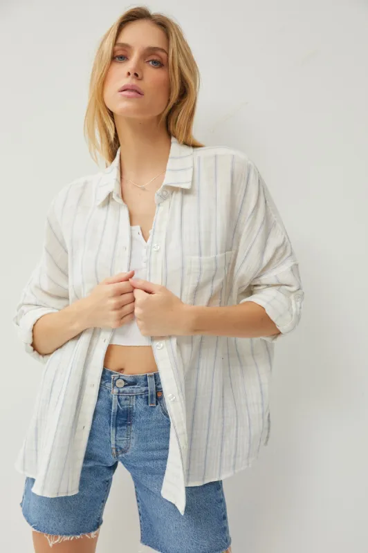 Ivory Striped Gauze Button Down Top sold by Pinkblush
