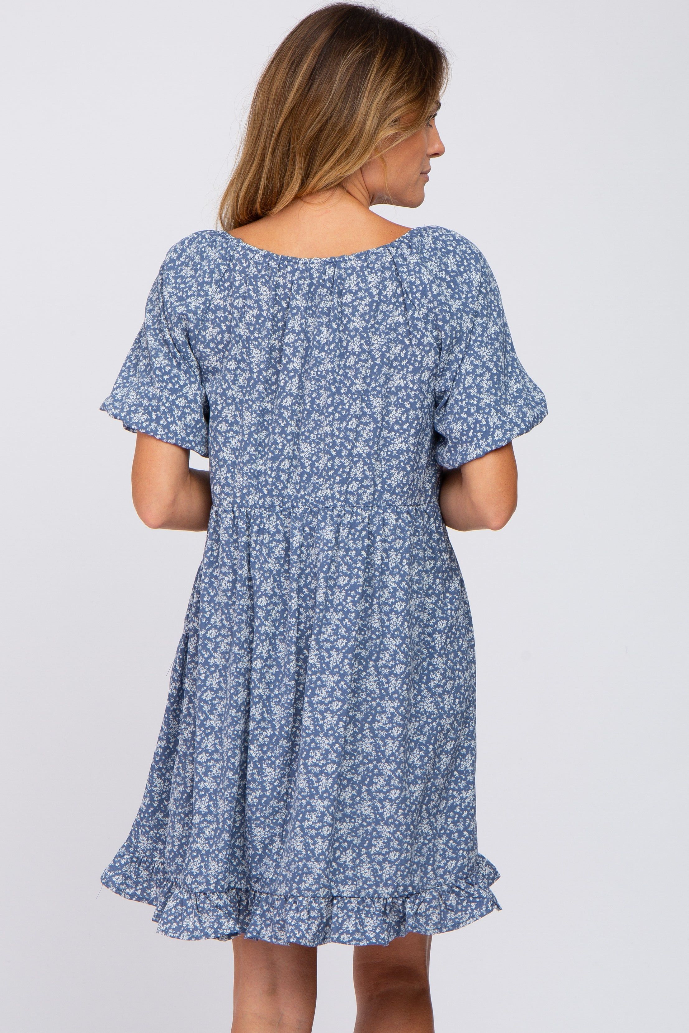 Blue Floral Smocked Square Neck Puff Short Sleeve Dress sold by Pinkblush product image thumbnail 3
