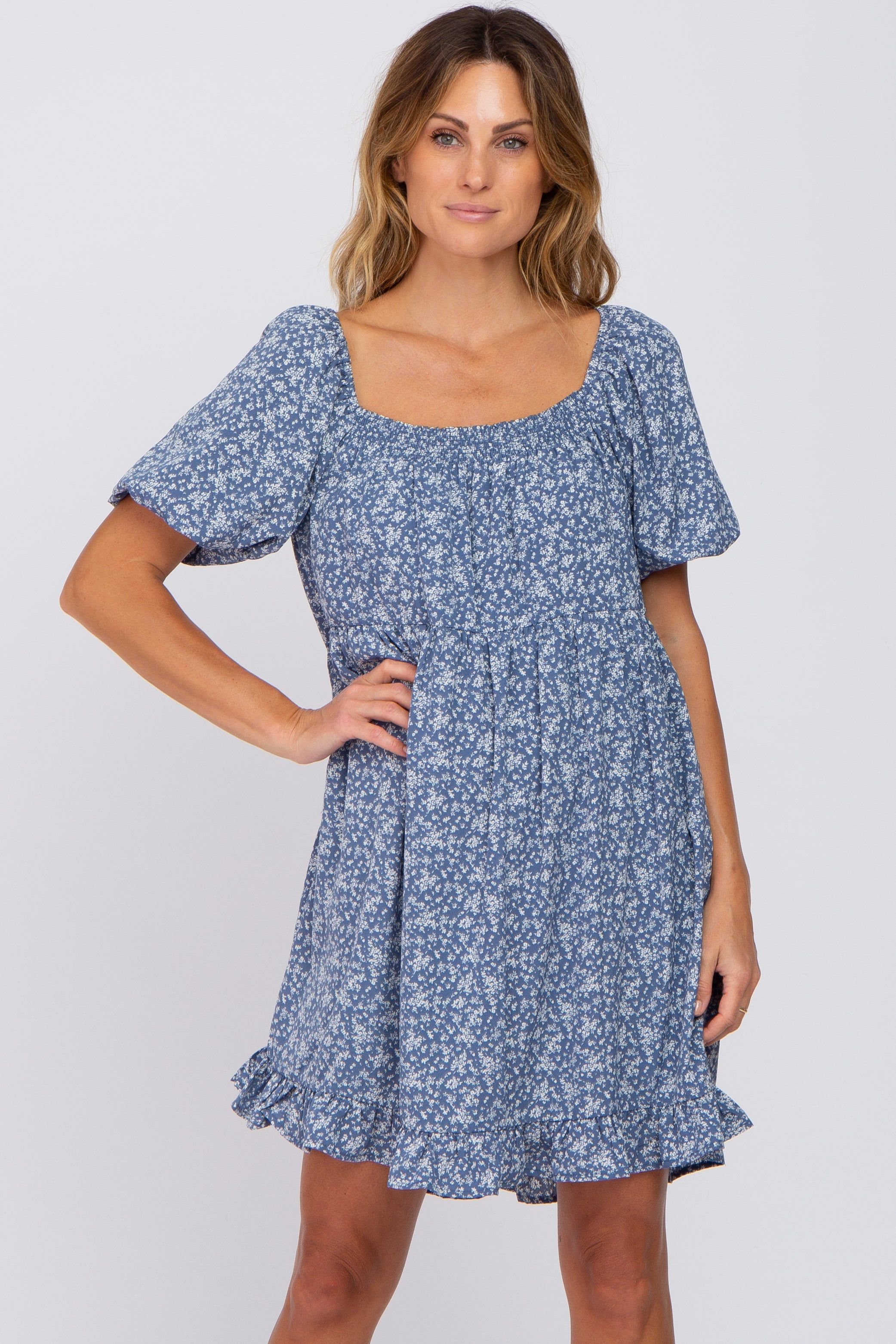 Blue Floral Smocked Square Neck Puff Short Sleeve Dress sold by Pinkblush