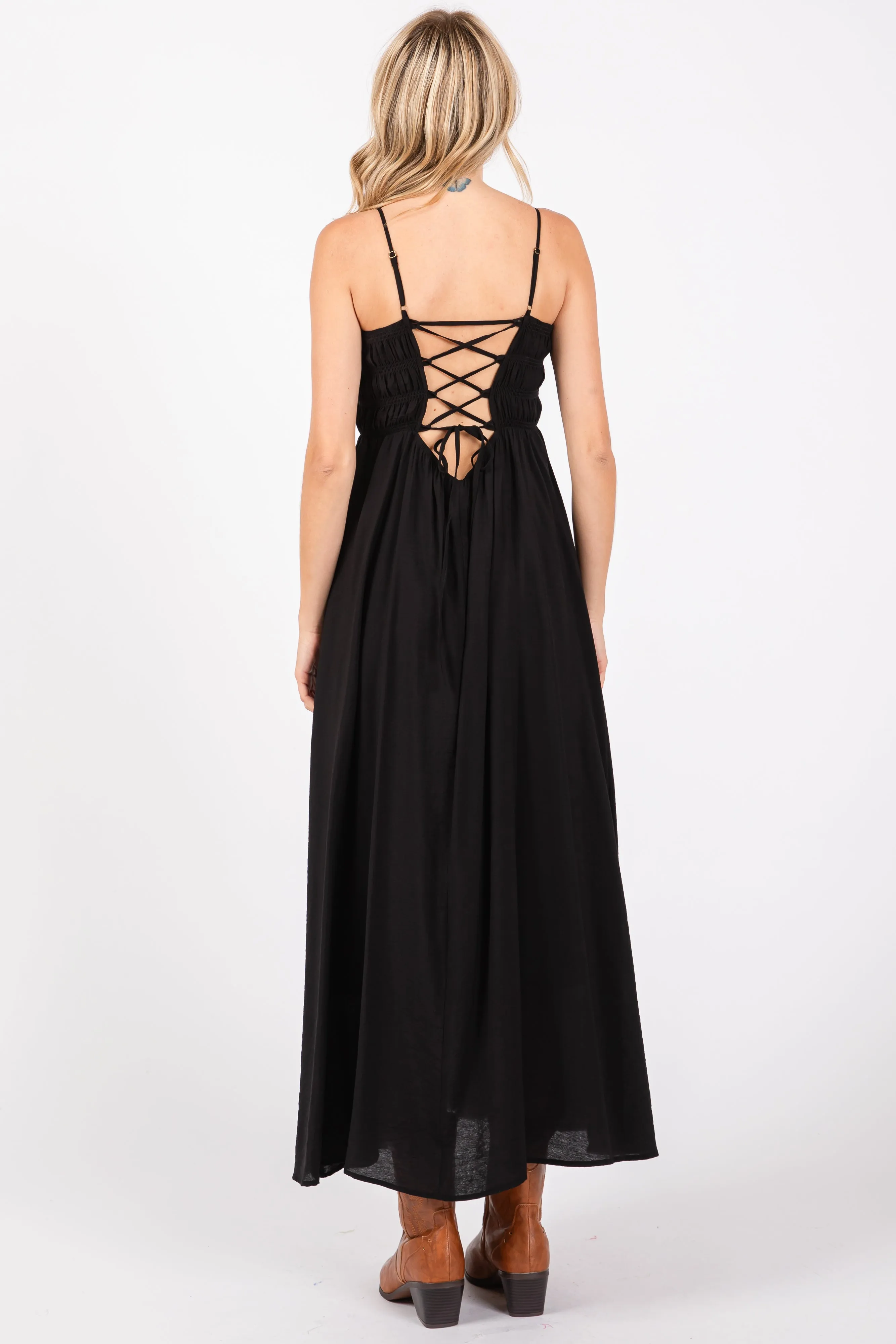 Black Smocked Cutout Lace Up Back Maxi Dress sold by Pinkblush product image thumbnail 3