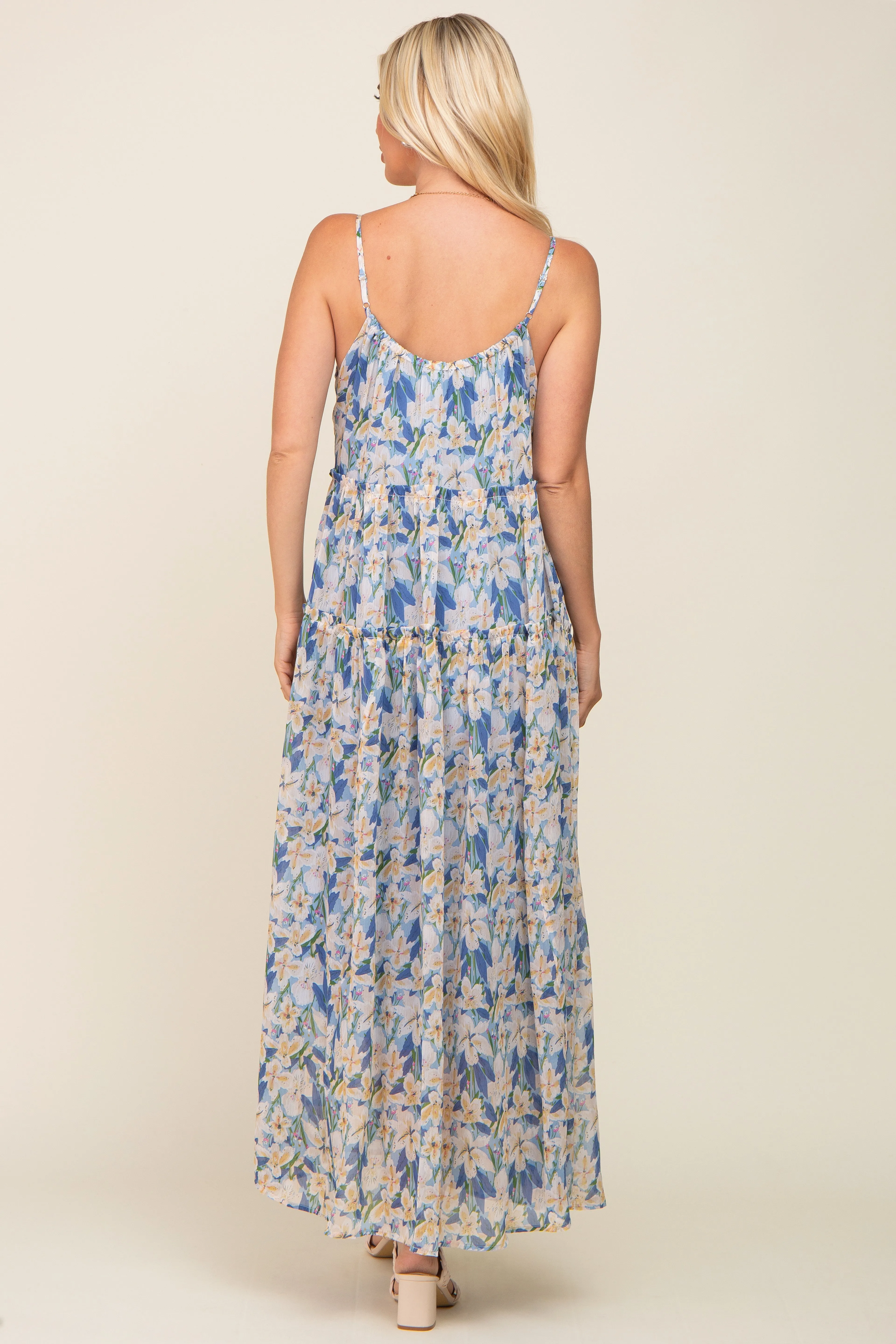 Blue Floral Chiffon Sleeveless Maxi Dress sold by Pinkblush product image thumbnail 3