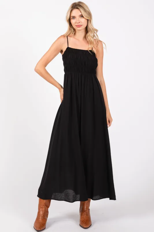 Black Smocked Cutout Lace Up Back Maxi Dress sold by Pinkblush