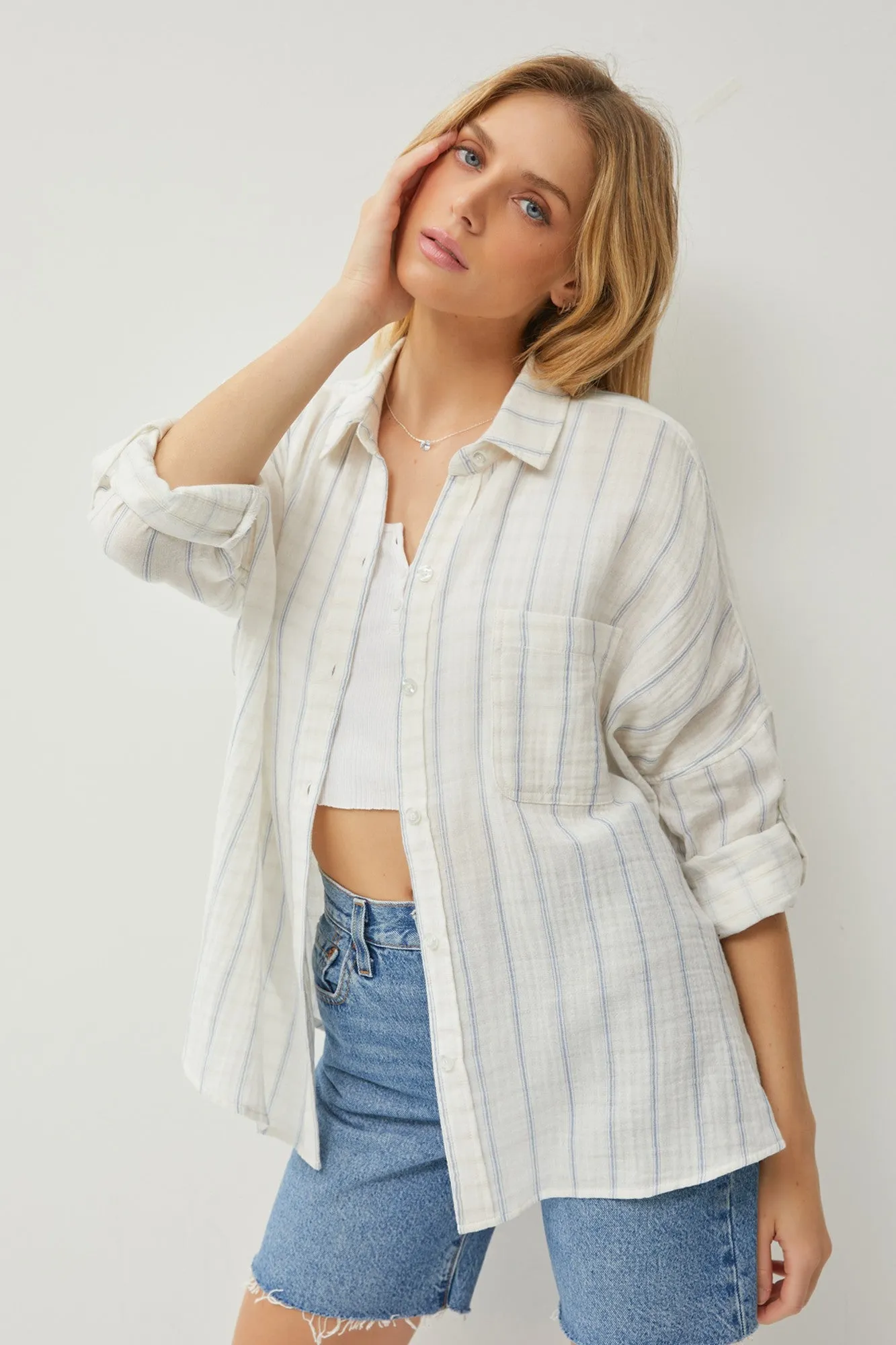 Ivory Striped Gauze Button Down Top sold by Pinkblush product image thumbnail 2