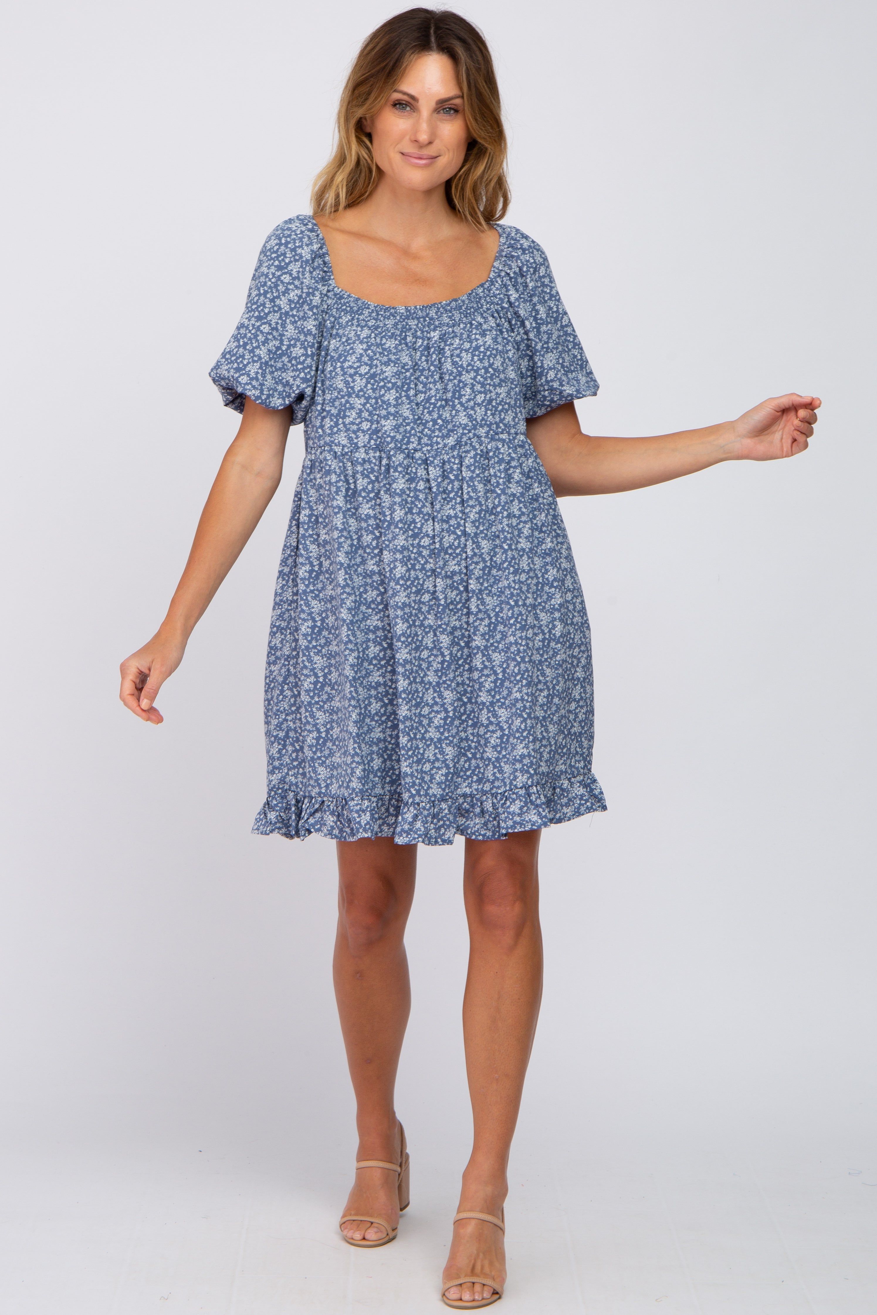 Blue Floral Smocked Square Neck Puff Short Sleeve Dress sold by Pinkblush product image thumbnail 4